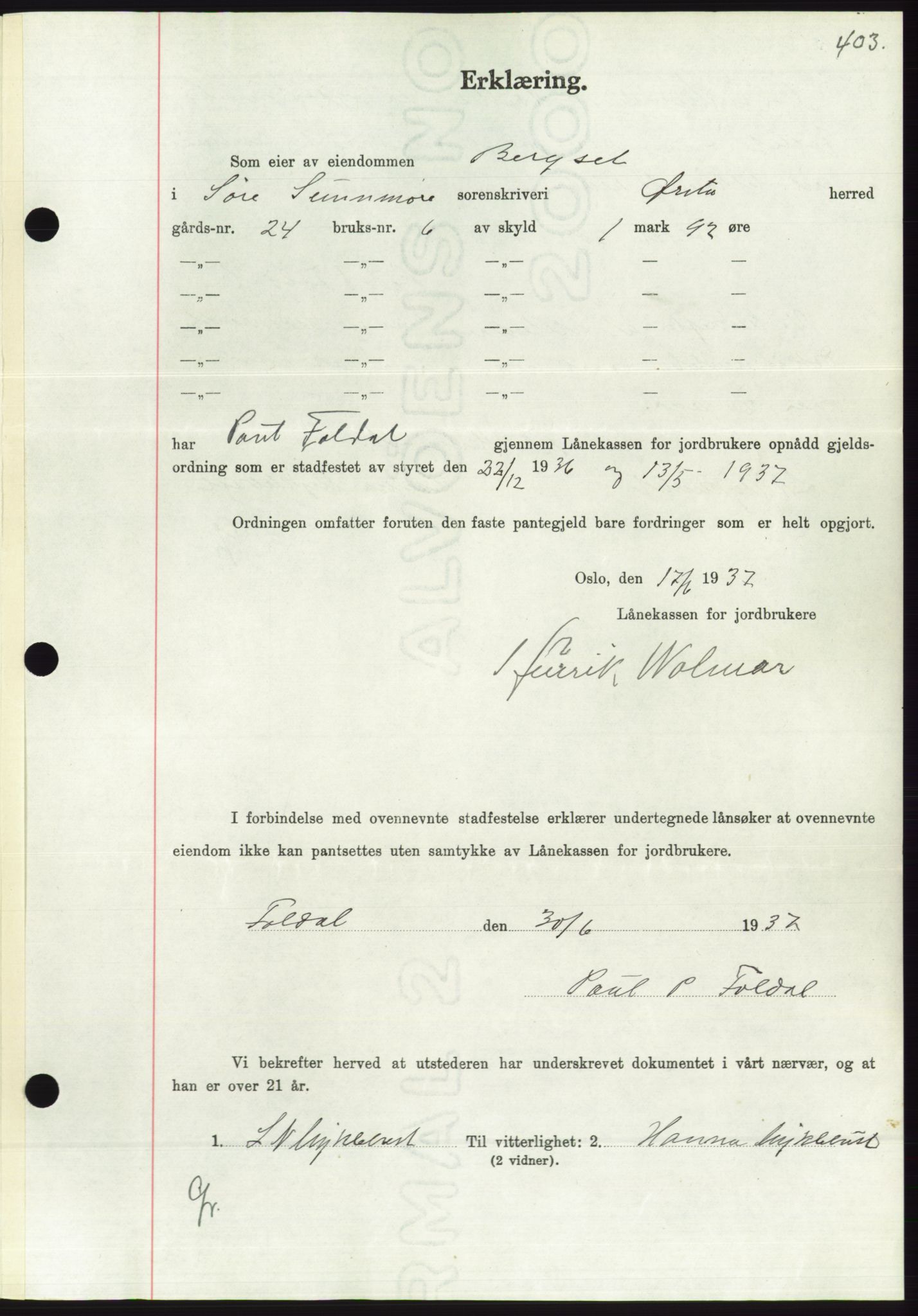 Søre Sunnmøre sorenskriveri, AV/SAT-A-4122/1/2/2C/L0063: Pantebok nr. 57, 1937-1937, Dagboknr: 1074/1937