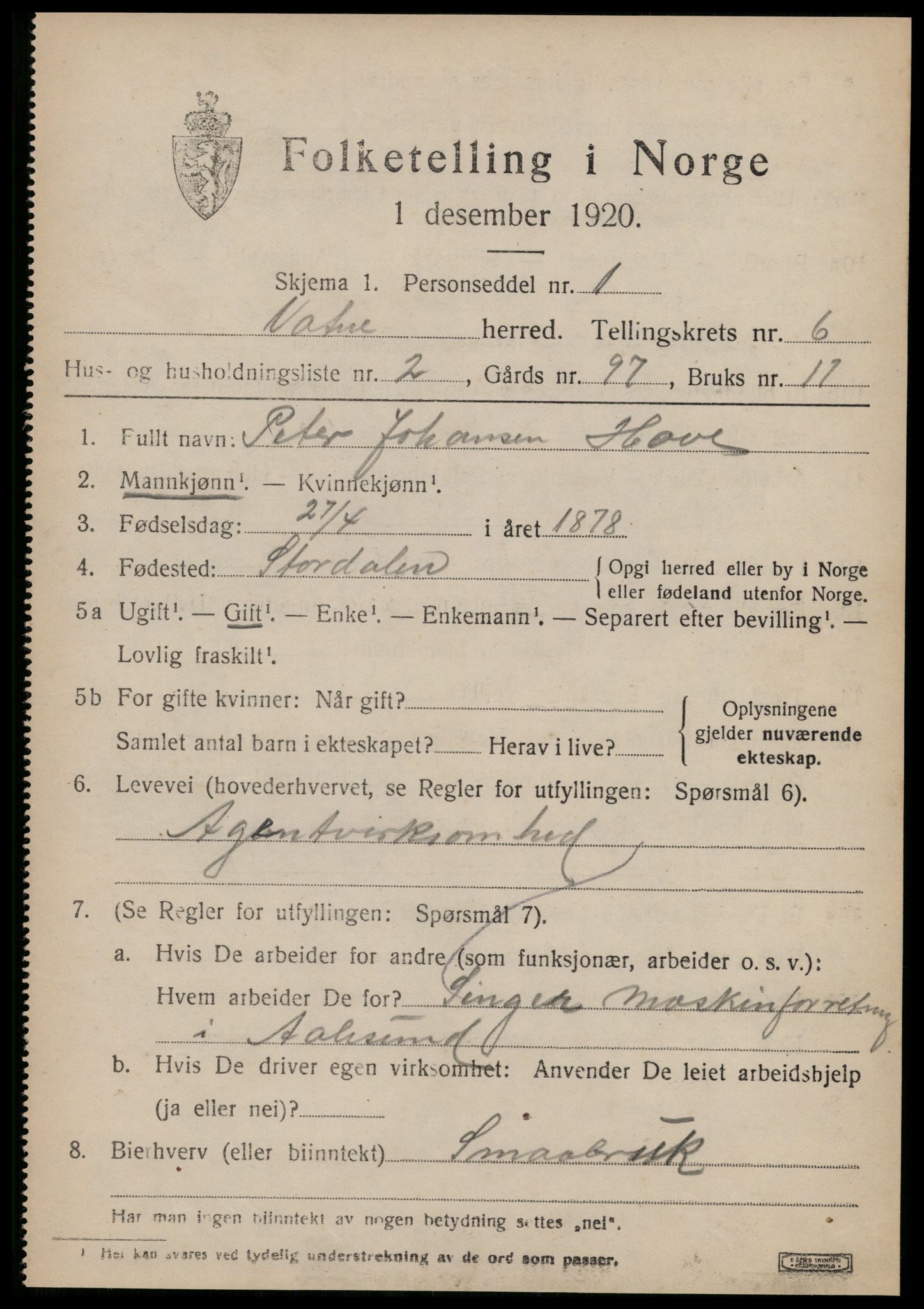 SAT, Folketelling 1920 for 1530 Vatne herred, 1920, s. 2704