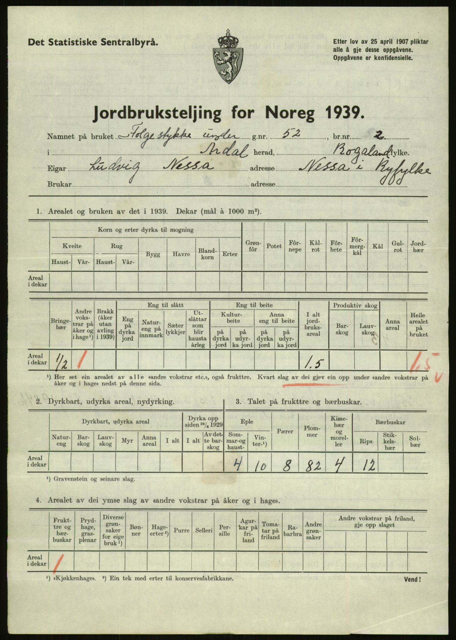 Statistisk sentralbyrå, Næringsøkonomiske emner, Jordbruk, skogbruk, jakt, fiske og fangst, AV/RA-S-2234/G/Gb/L0184: Rogaland: Årdal, Fister og Hjelmeland, 1939, s. 367