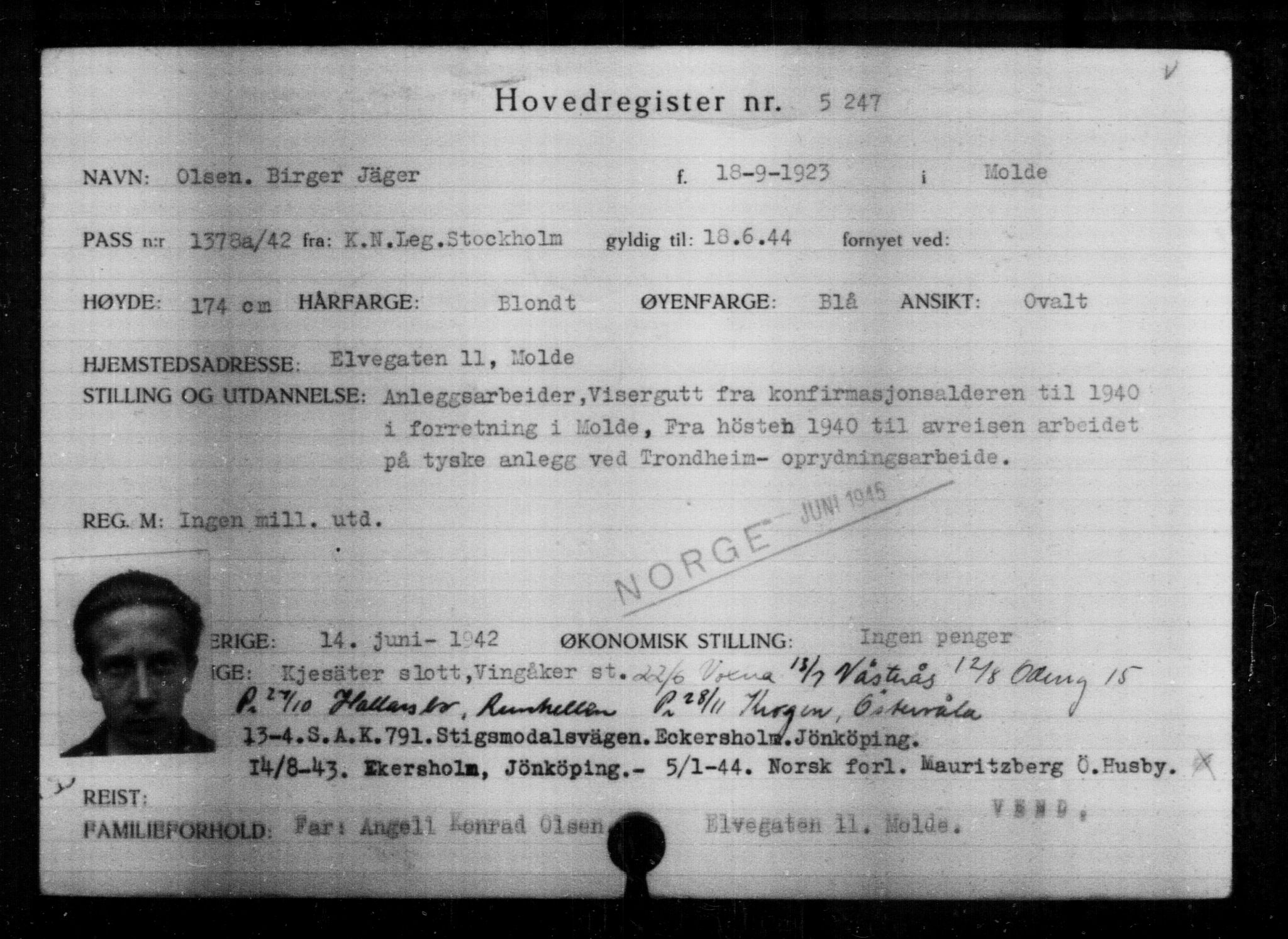 Utenriksstasjonene, Legasjonen i Stockholm, Flyktningkontoret, AV/RA-S-6753/V/Va/L0004: Kjesäterkartoteket, flyktninger med registreringsnr. 3496-6610, 1940-1945, s. 2013