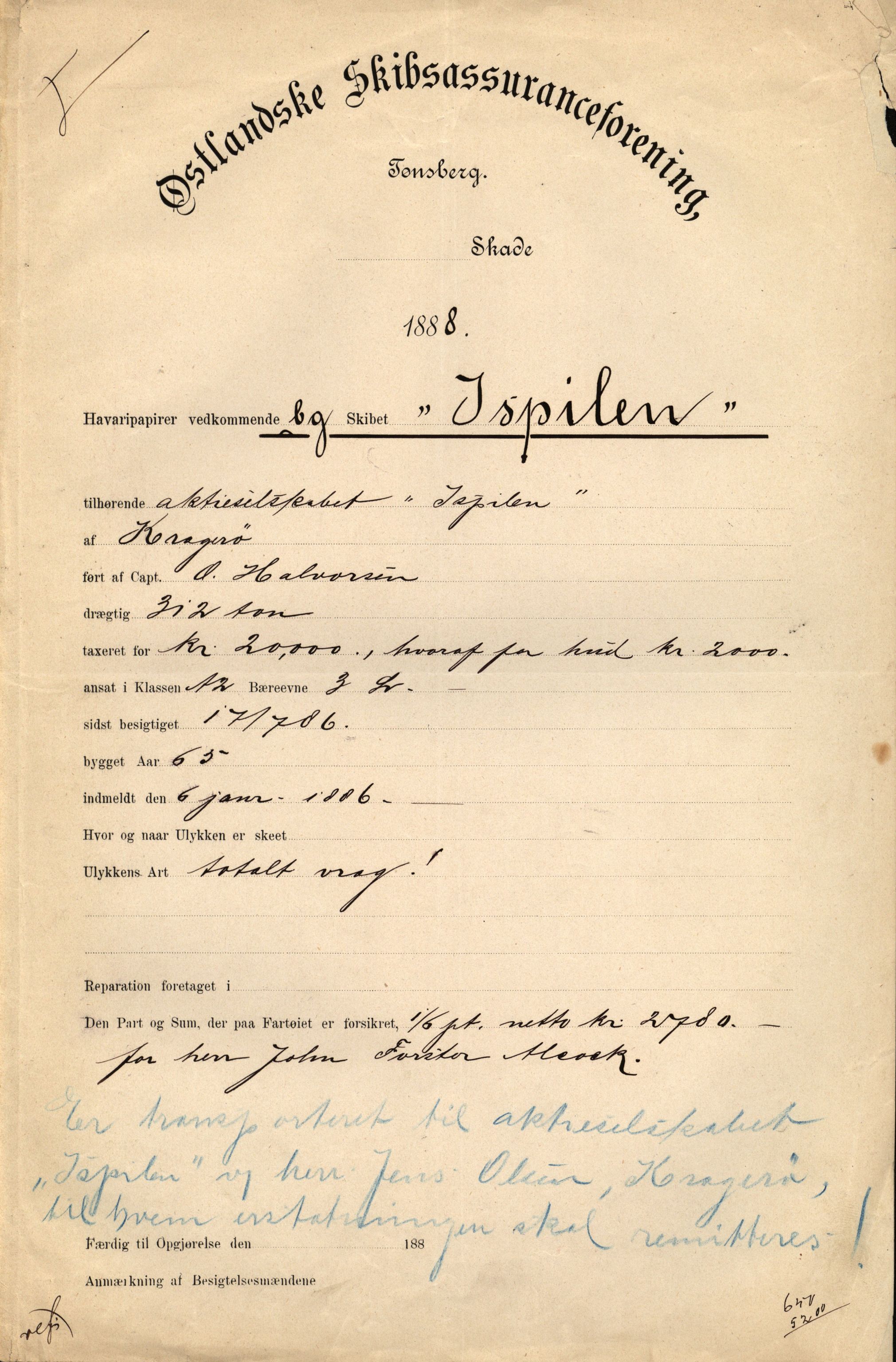 Pa 63 - Østlandske skibsassuranceforening, VEMU/A-1079/G/Ga/L0021/0005: Havaridokumenter / Haabet, Louise, Kvik, Libra, Kongsek, Ispilen, 1888, s. 55