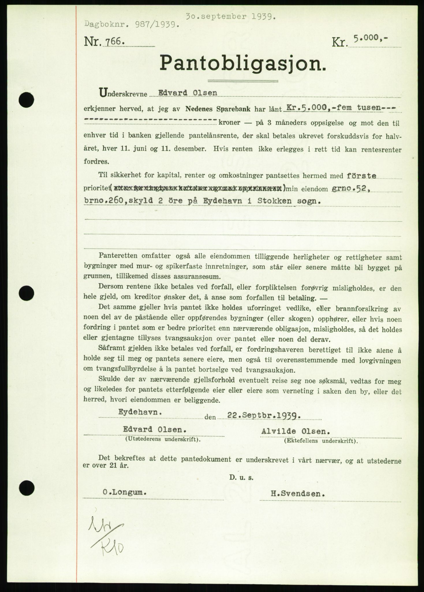 Nedenes sorenskriveri, SAK/1221-0006/G/Gb/Gbb/L0001: Pantebok nr. I, 1939-1942, Dagboknr: 987/1939