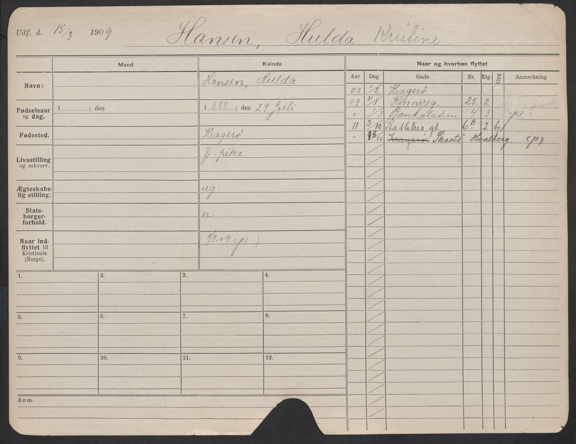 Oslo folkeregister, Registerkort, AV/SAO-A-11715/F/Fa/Fac/L0015: Kvinner, 1906-1914, s. 1251a