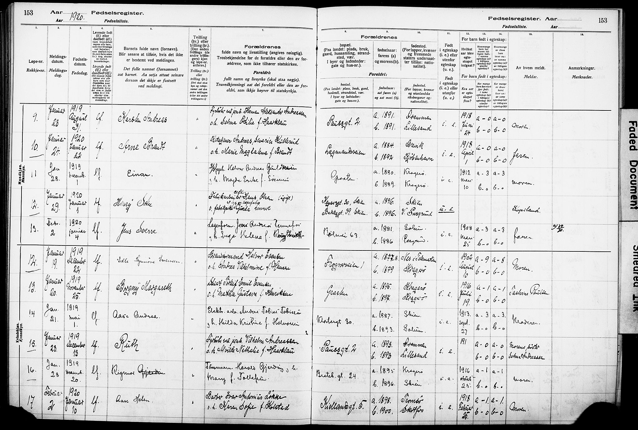 Skien kirkebøker, AV/SAKO-A-302/J/Ja/L0001: Fødselsregister nr. 1, 1916-1920, s. 153