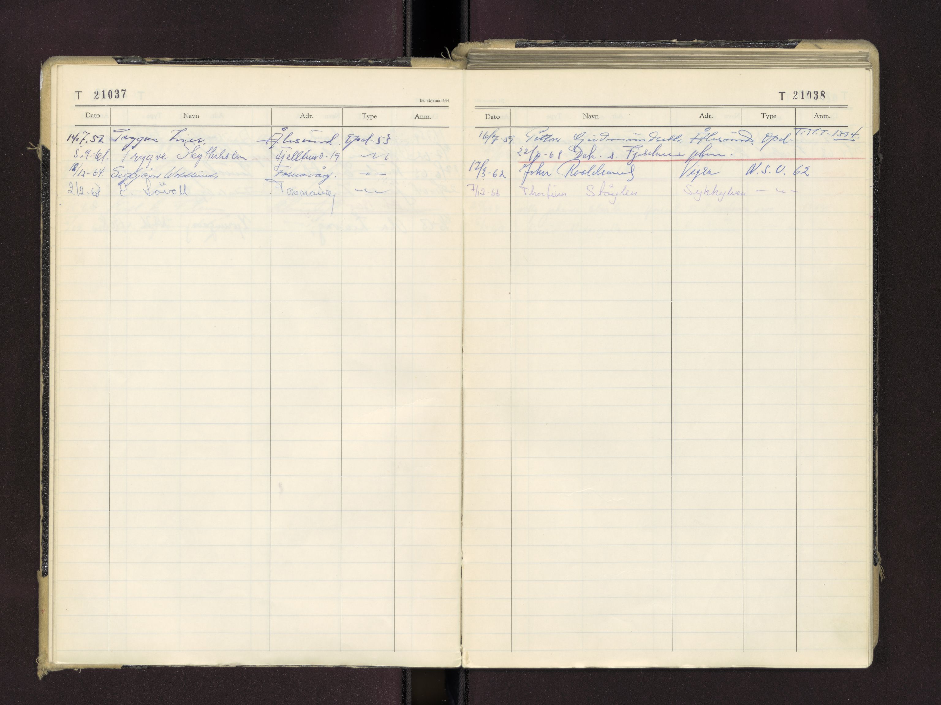 Møre og Romsdal vegkontor - Ålesund trafikkstasjon, AV/SAT-A-4099/F/Fc/L0016: Bilregister; T 21000 - T 21499, 1955-1970