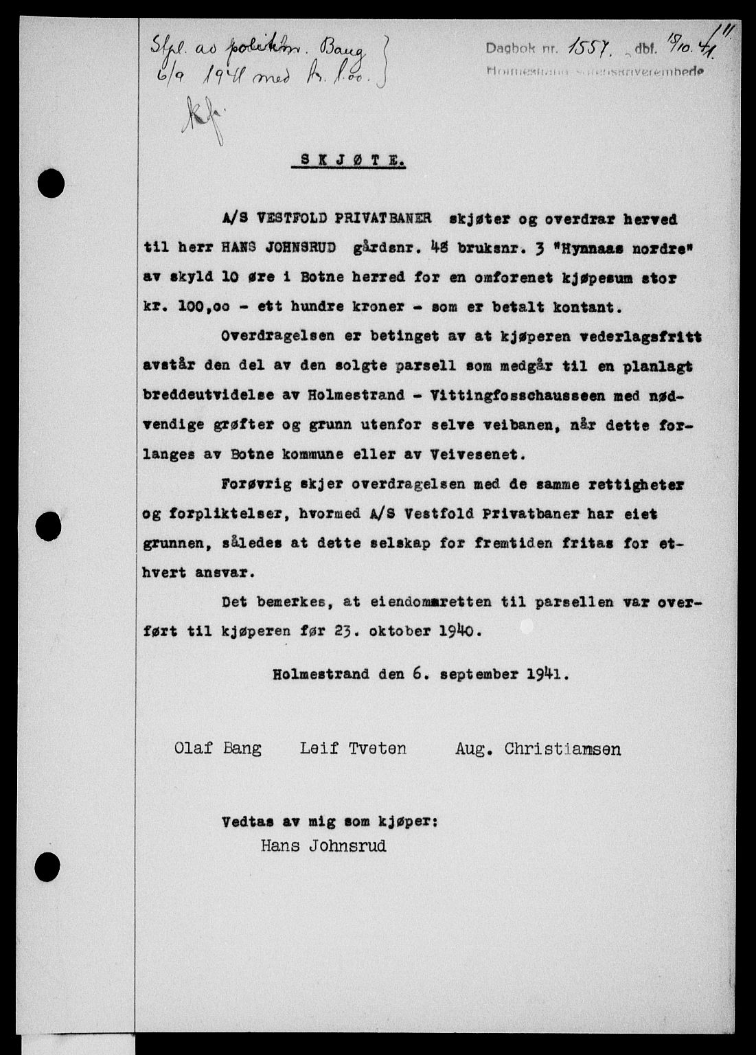 Holmestrand sorenskriveri, SAKO/A-67/G/Ga/Gaa/L0054: Pantebok nr. A-54, 1941-1942, Dagboknr: 1557/1941