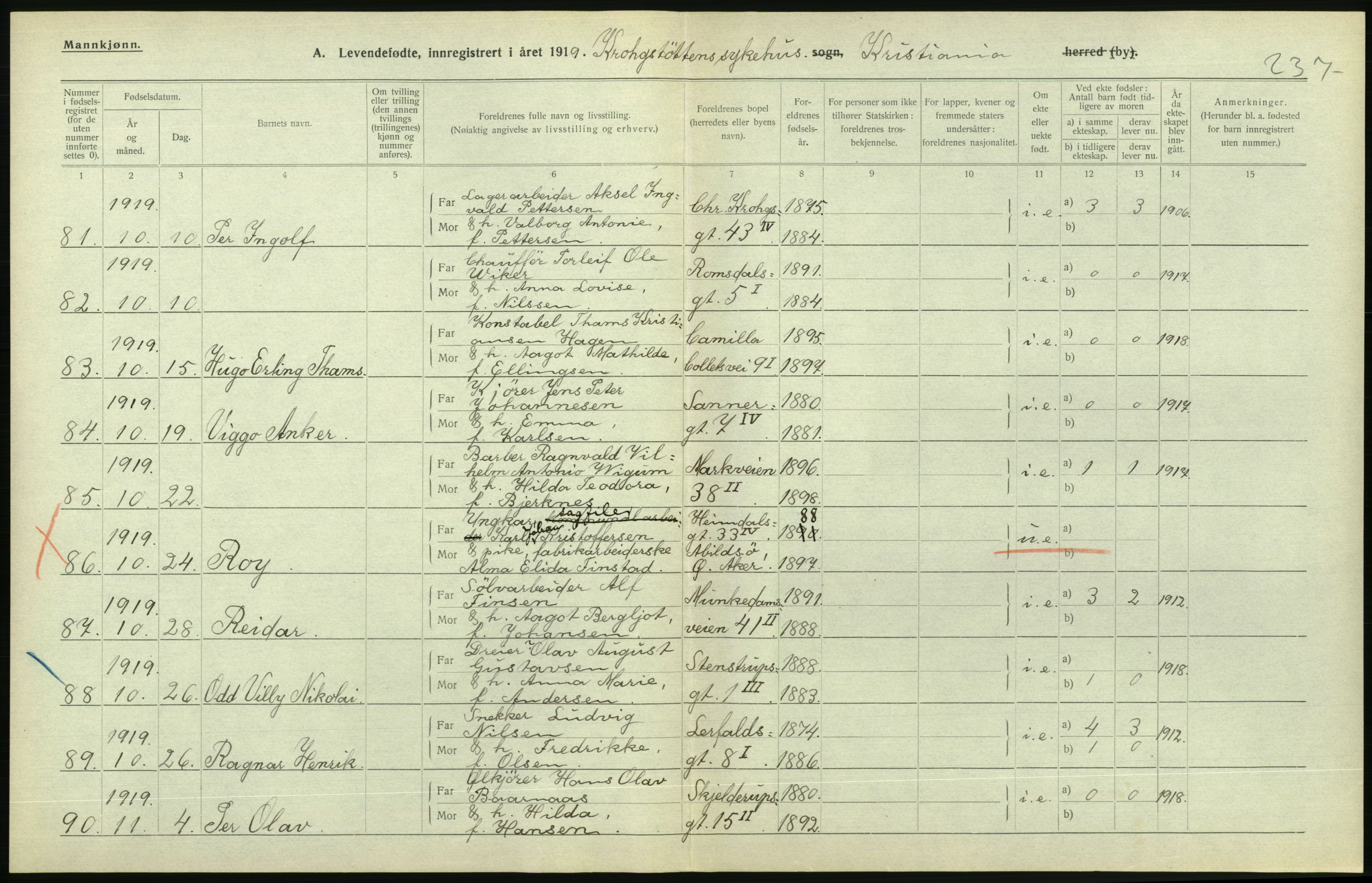 Statistisk sentralbyrå, Sosiodemografiske emner, Befolkning, AV/RA-S-2228/D/Df/Dfb/Dfbi/L0008: Kristiania: Levendefødte menn og kvinner., 1919