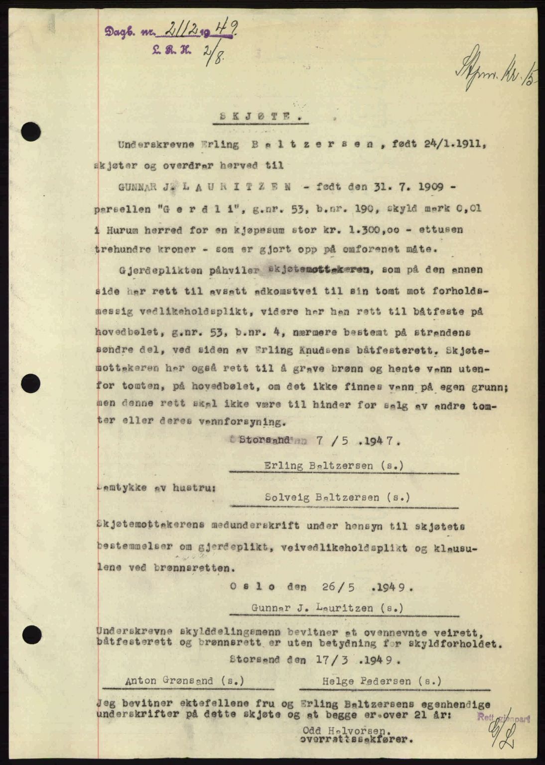 Lier, Røyken og Hurum sorenskriveri, SAKO/A-89/G/Ga/Gab/L0101: Pantebok nr. 101, 1949-1949, Dagboknr: 2112/1949