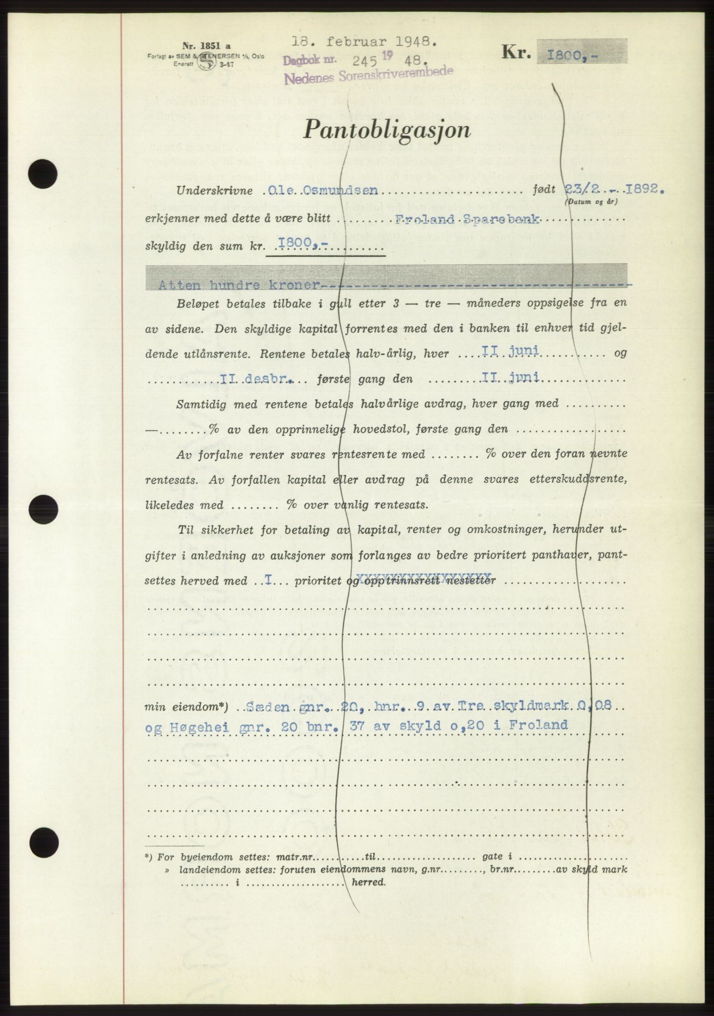 Nedenes sorenskriveri, AV/SAK-1221-0006/G/Gb/Gbb/L0005: Pantebok nr. B5, 1948-1948, Dagboknr: 245/1948