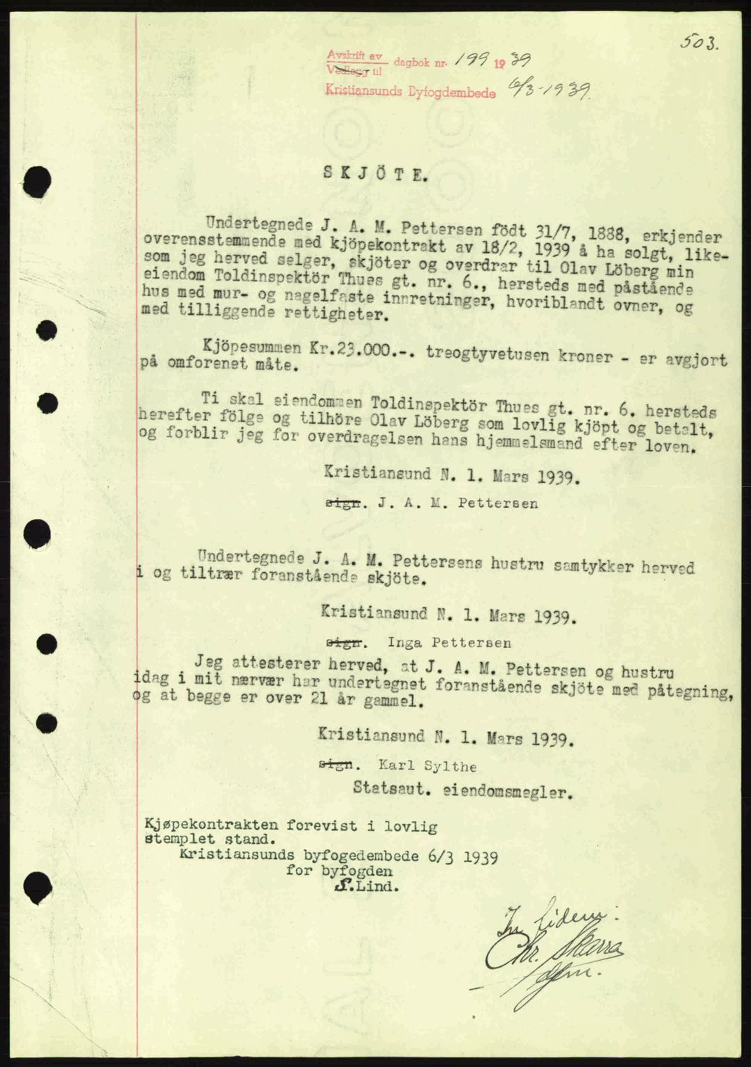 Kristiansund byfogd, SAT/A-4587/A/27: Pantebok nr. 30, 1936-1941, Dagboknr: 199/1939