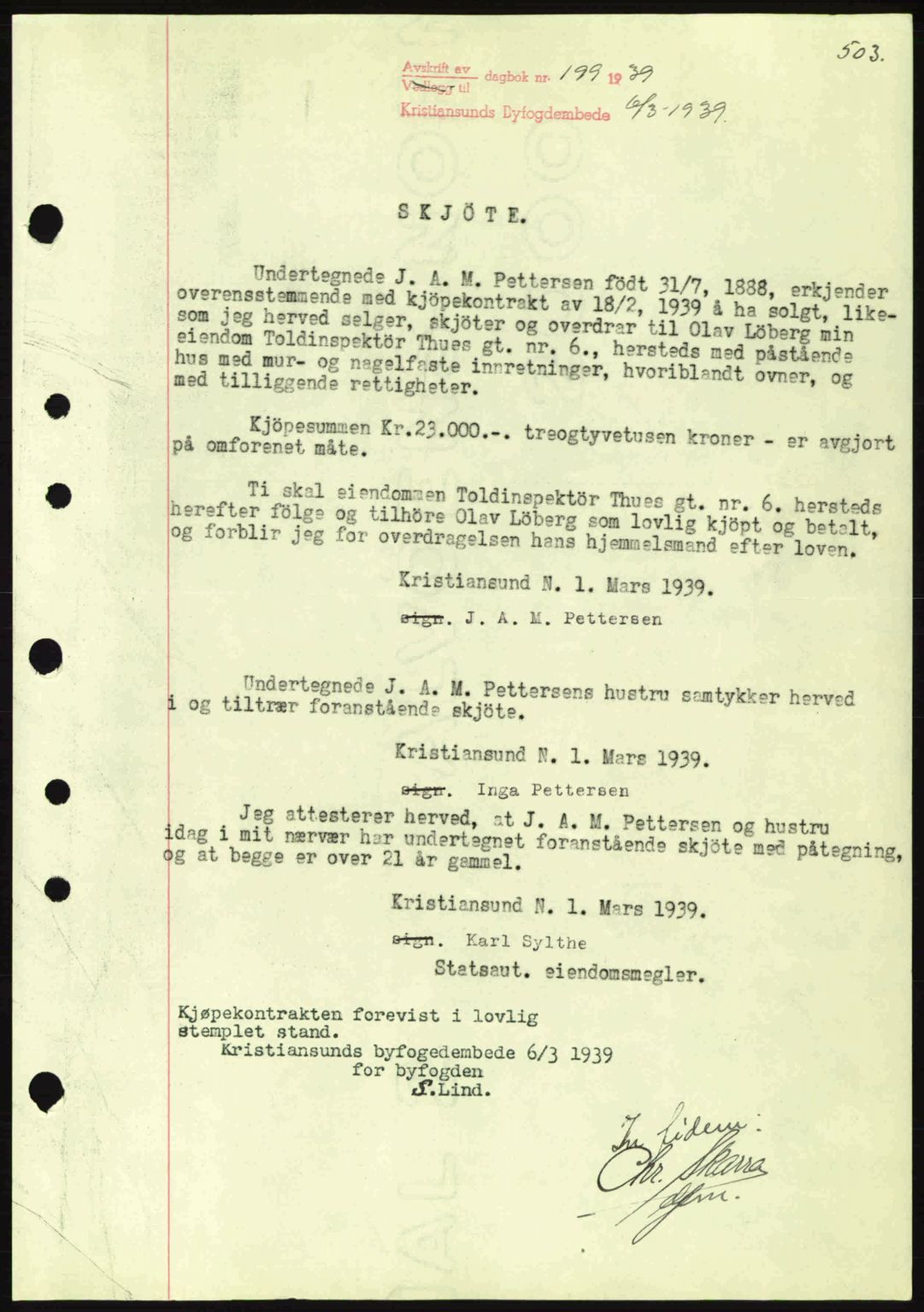 Kristiansund byfogd, AV/SAT-A-4587/A/27: Pantebok nr. 30, 1936-1941, Dagboknr: 199/1939