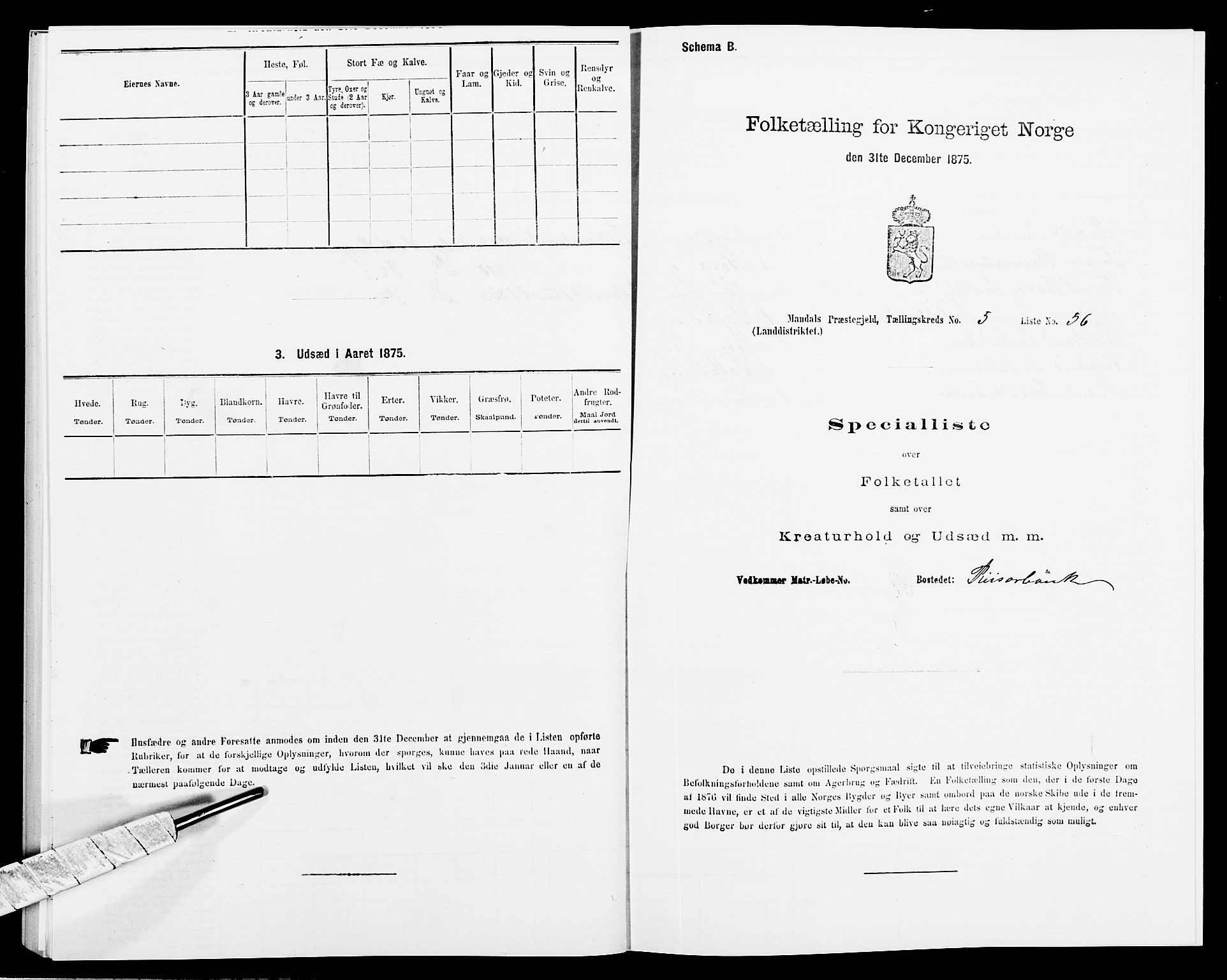 SAK, Folketelling 1875 for 1019L Mandal prestegjeld, Halse sokn og Harkmark sokn, 1875, s. 840