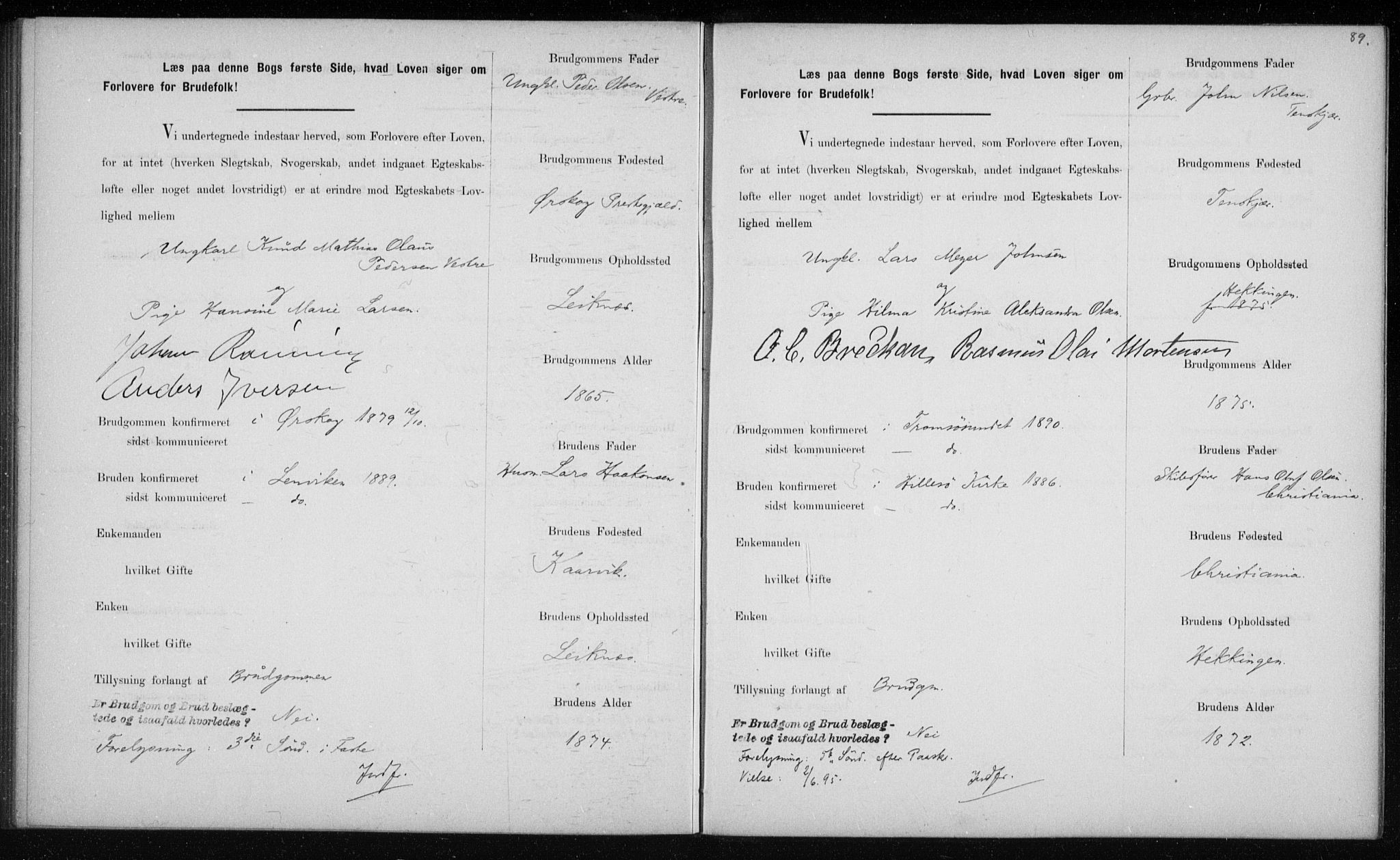 Lenvik sokneprestembete, AV/SATØ-S-1310/I/Ie/L0129: Lysningsprotokoll nr. 129, 1890-1895, s. 89