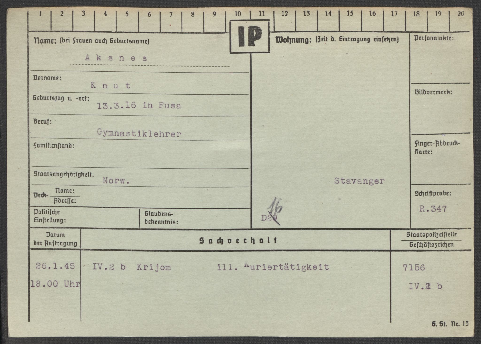 Befehlshaber der Sicherheitspolizei und des SD, RA/RAFA-5969/E/Ea/Eaa/L0001: Register over norske fanger i Møllergata 19: A-Bj, 1940-1945, s. 52