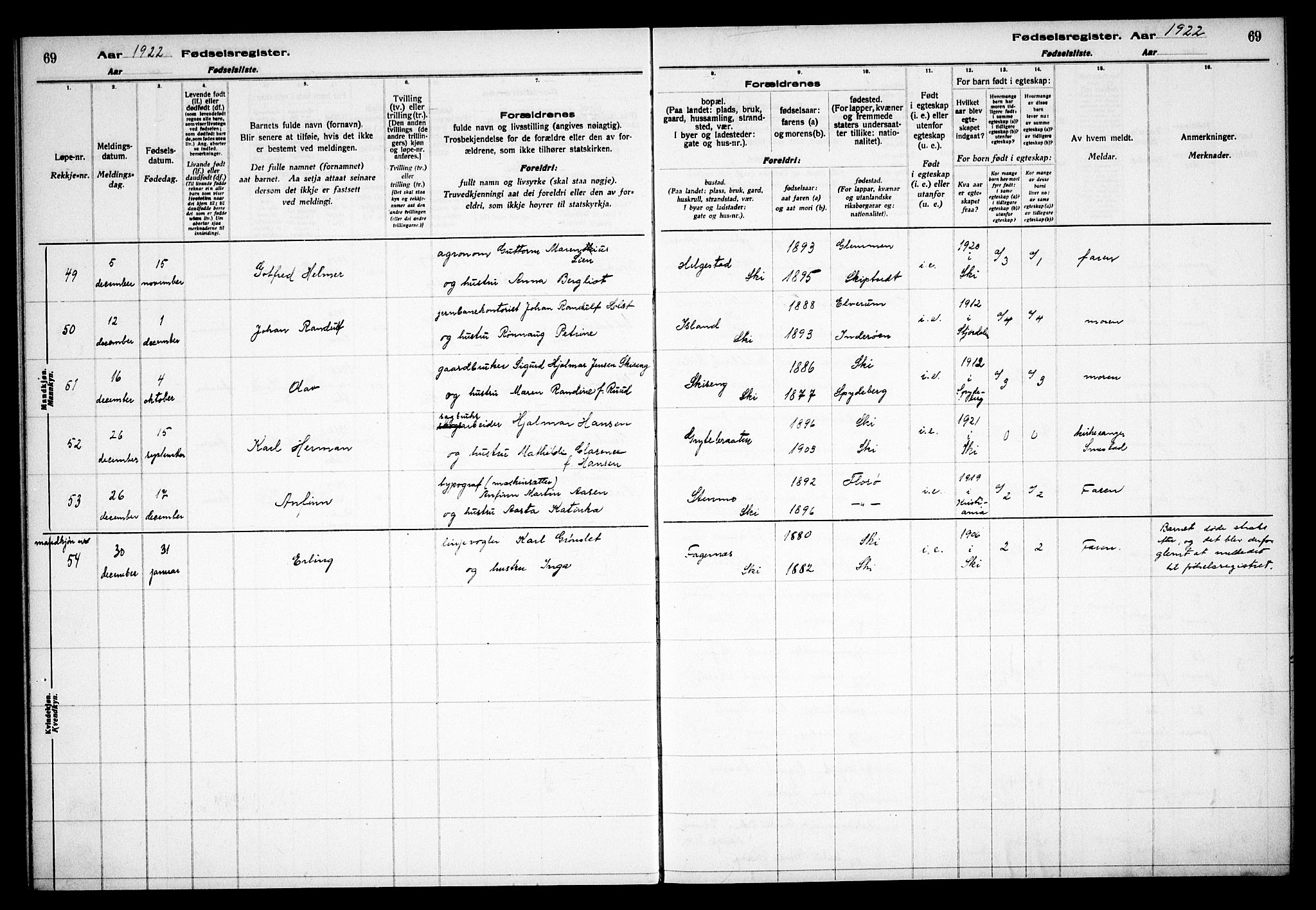 Kråkstad prestekontor Kirkebøker, AV/SAO-A-10125a/J/Jb/L0001: Fødselsregister nr. II 1, 1916-1936, s. 69