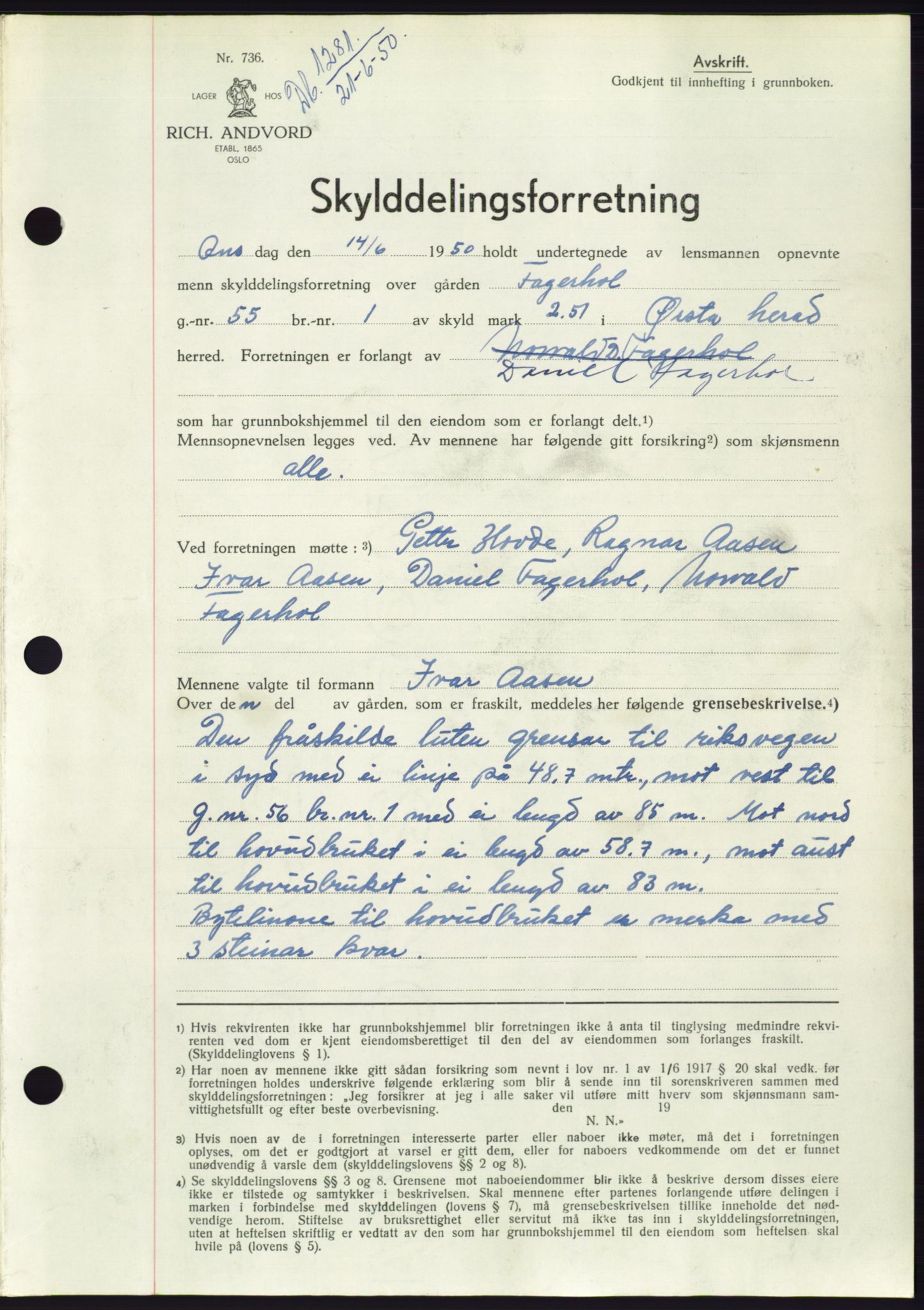 Søre Sunnmøre sorenskriveri, SAT/A-4122/1/2/2C/L0087: Pantebok nr. 13A, 1950-1950, Dagboknr: 1281/1950