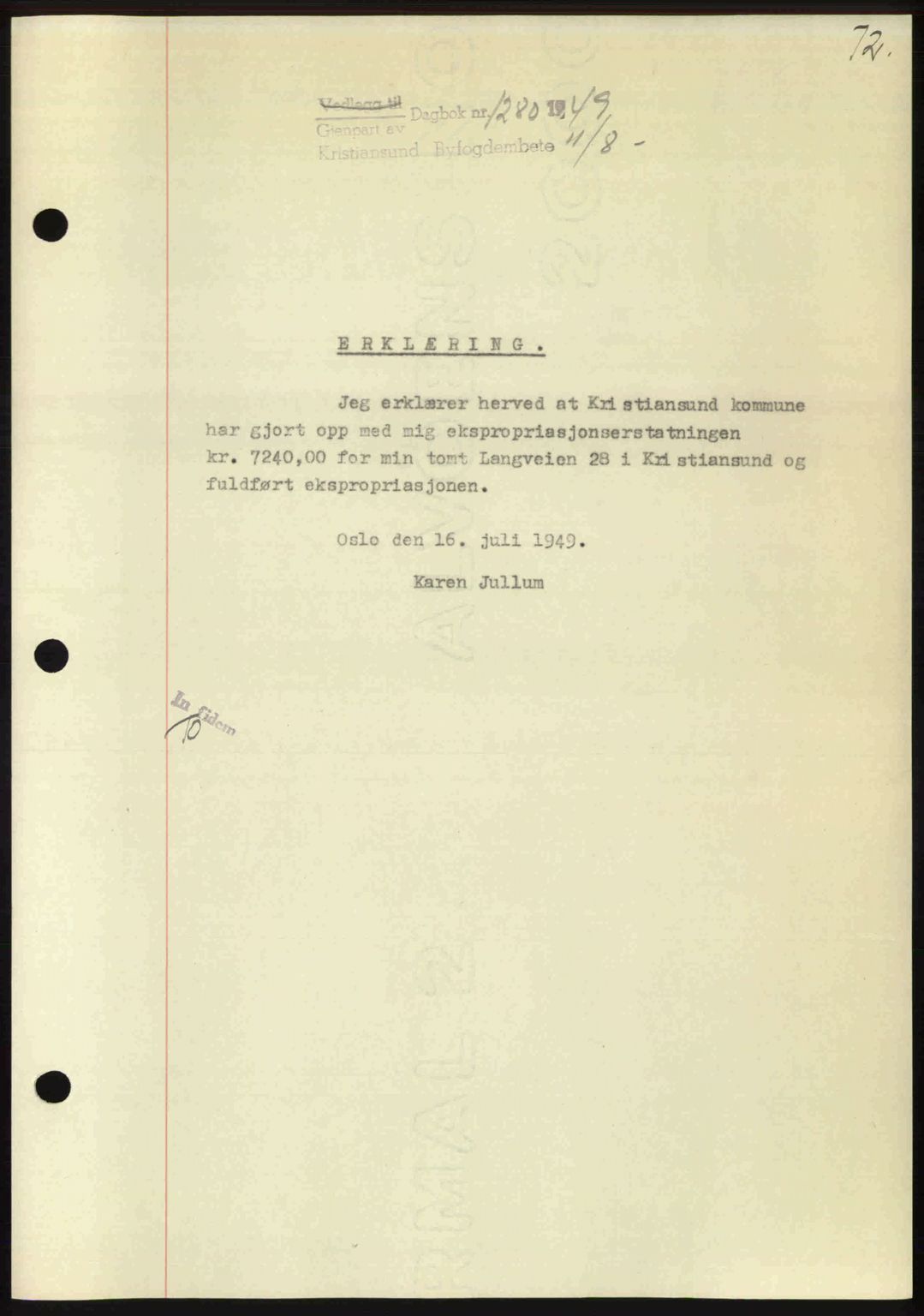 Kristiansund byfogd, AV/SAT-A-4587/A/27: Pantebok nr. 46, 1949-1950, Dagboknr: 1280/1949