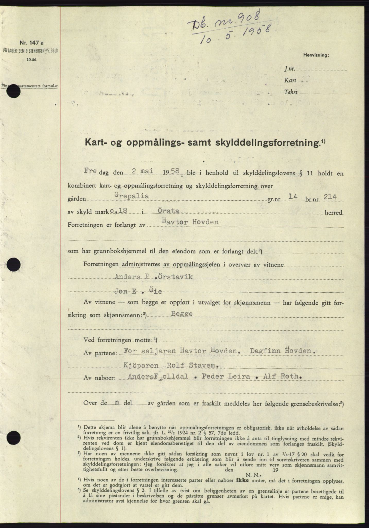 Søre Sunnmøre sorenskriveri, SAT/A-4122/1/2/2C/L0109: Pantebok nr. 35A, 1958-1958, Dagboknr: 908/1958