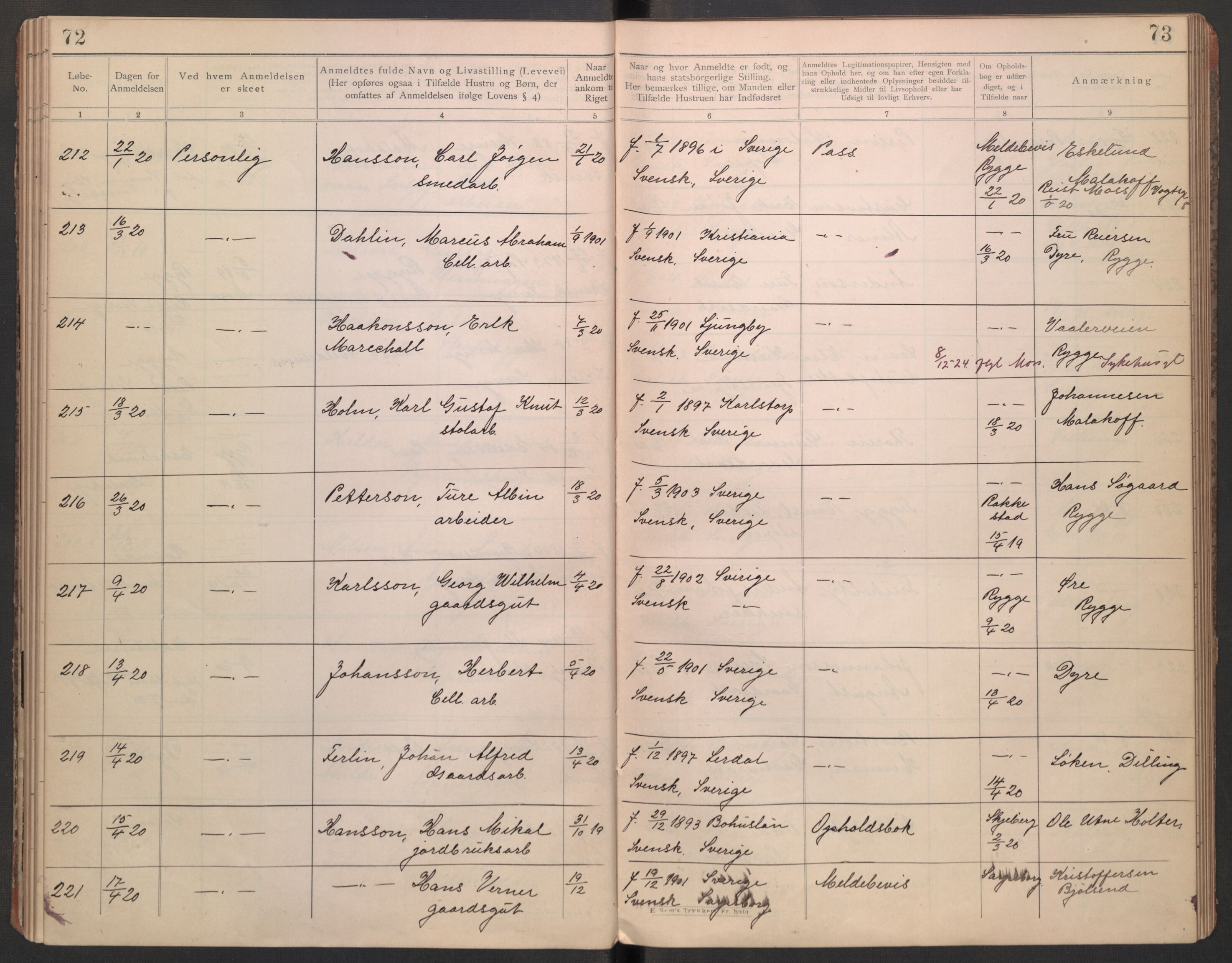 Rygge lensmannskontor, AV/SAO-A-10005/I/Ic/Ica/L0002: Protokoll over fremmede statsborgere, 1902-1928, s. 72-73