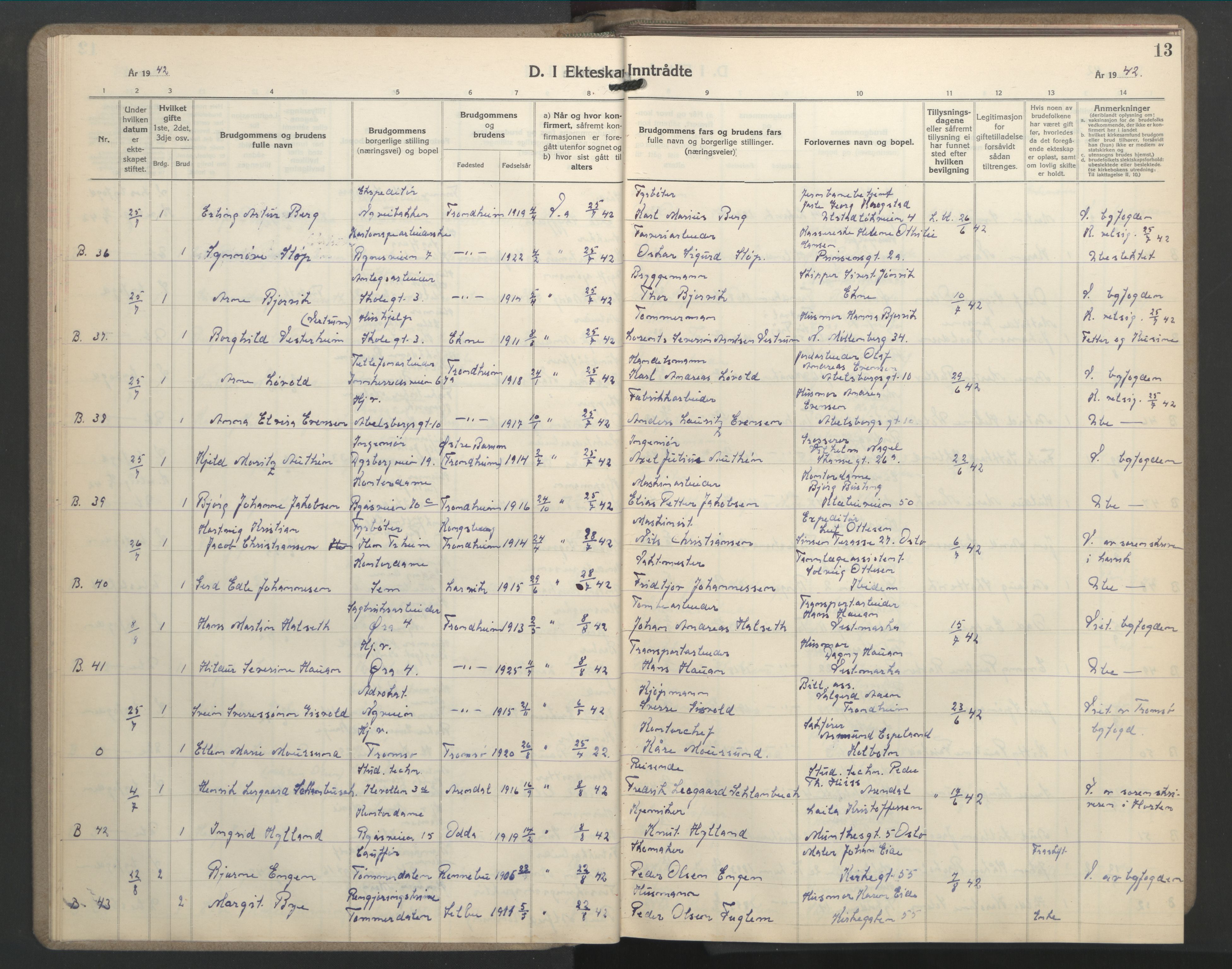 Ministerialprotokoller, klokkerbøker og fødselsregistre - Sør-Trøndelag, AV/SAT-A-1456/603/L0177: Klokkerbok nr. 603C05, 1941-1952, s. 13