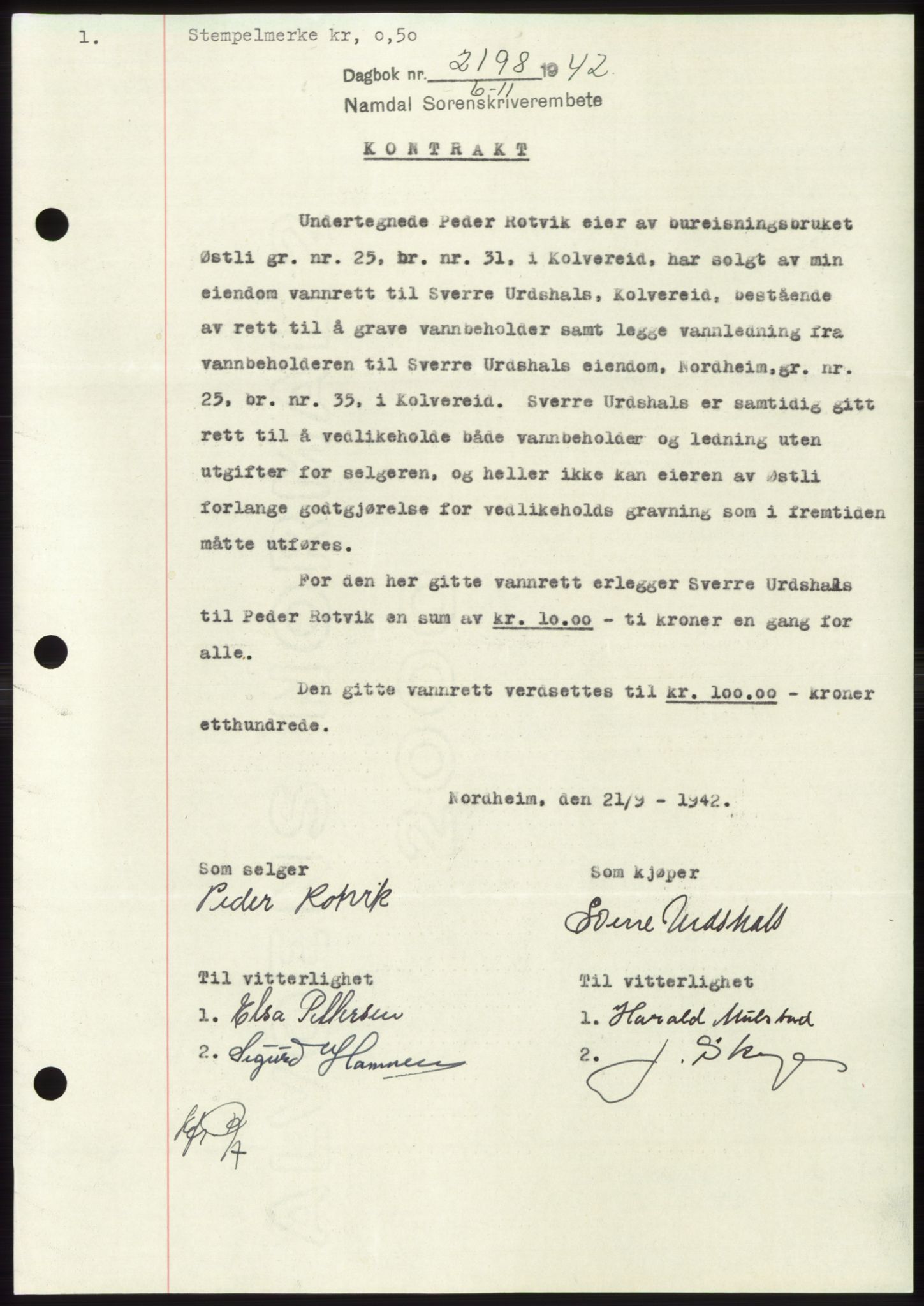 Namdal sorenskriveri, SAT/A-4133/1/2/2C: Pantebok nr. -, 1942-1943, Dagboknr: 2198/1942
