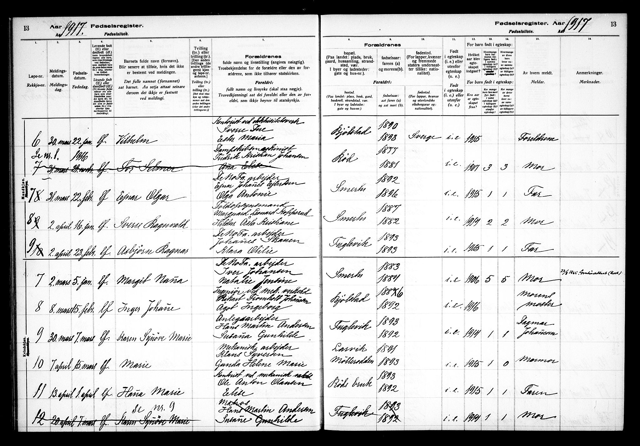 Kråkerøy prestekontor Kirkebøker, AV/SAO-A-10912/J/Ja/L0001: Fødselsregister nr. 1, 1916-1938, s. 13