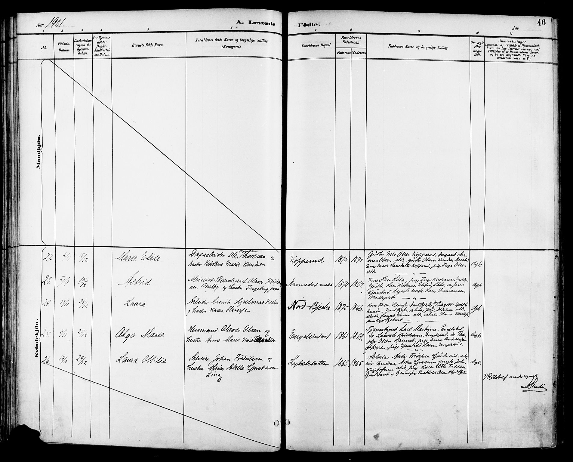 Nannestad prestekontor Kirkebøker, AV/SAO-A-10414a/F/Fa/L0015: Ministerialbok nr. I 15, 1891-1905, s. 46