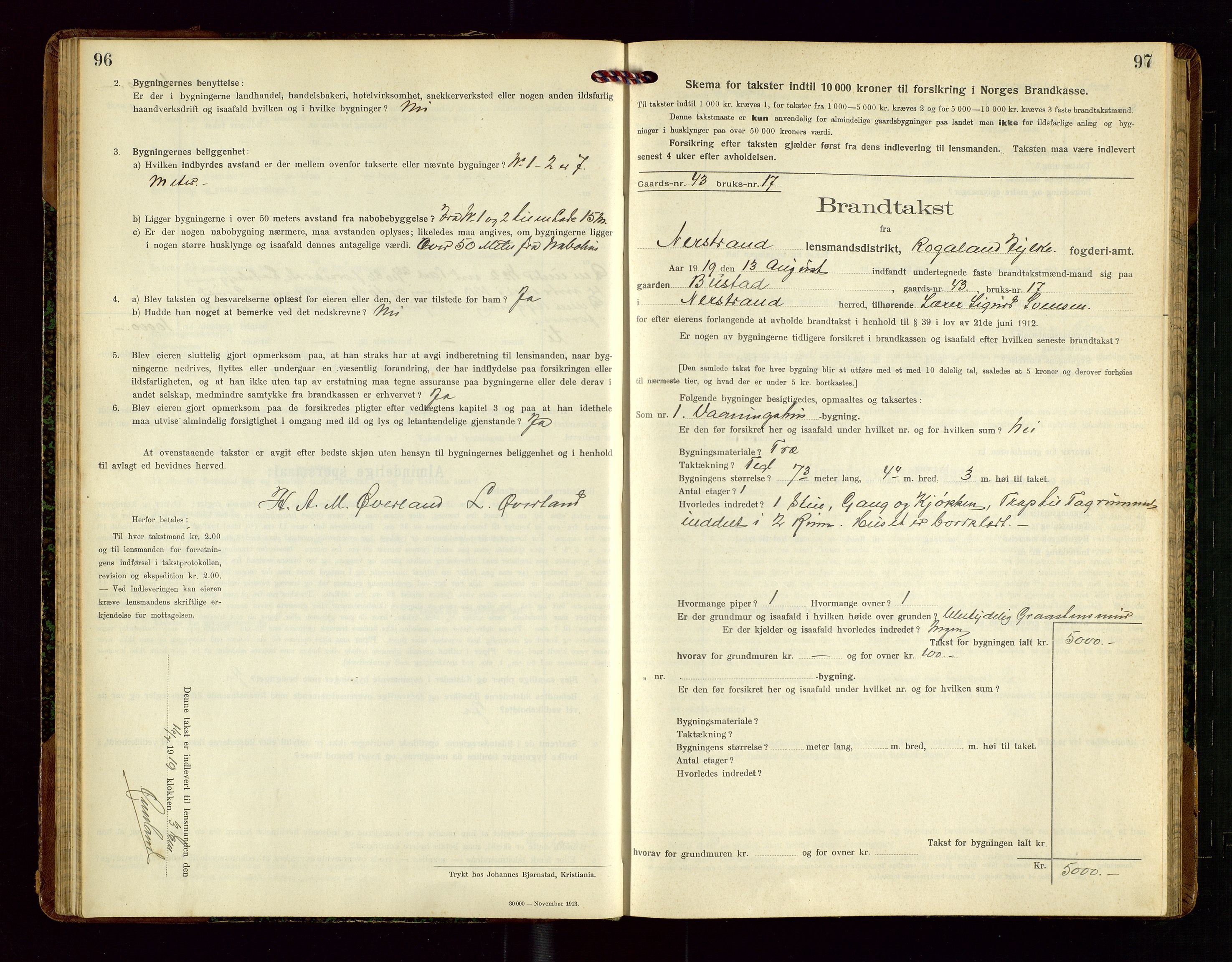 Nedstrand lensmannskontor, SAST/A-100236/Gob/L0002: "Brandtakstprotokol for Nerstrand lensmandsdistrikt Rogaland Fylke", 1916-1949, s. 96-97