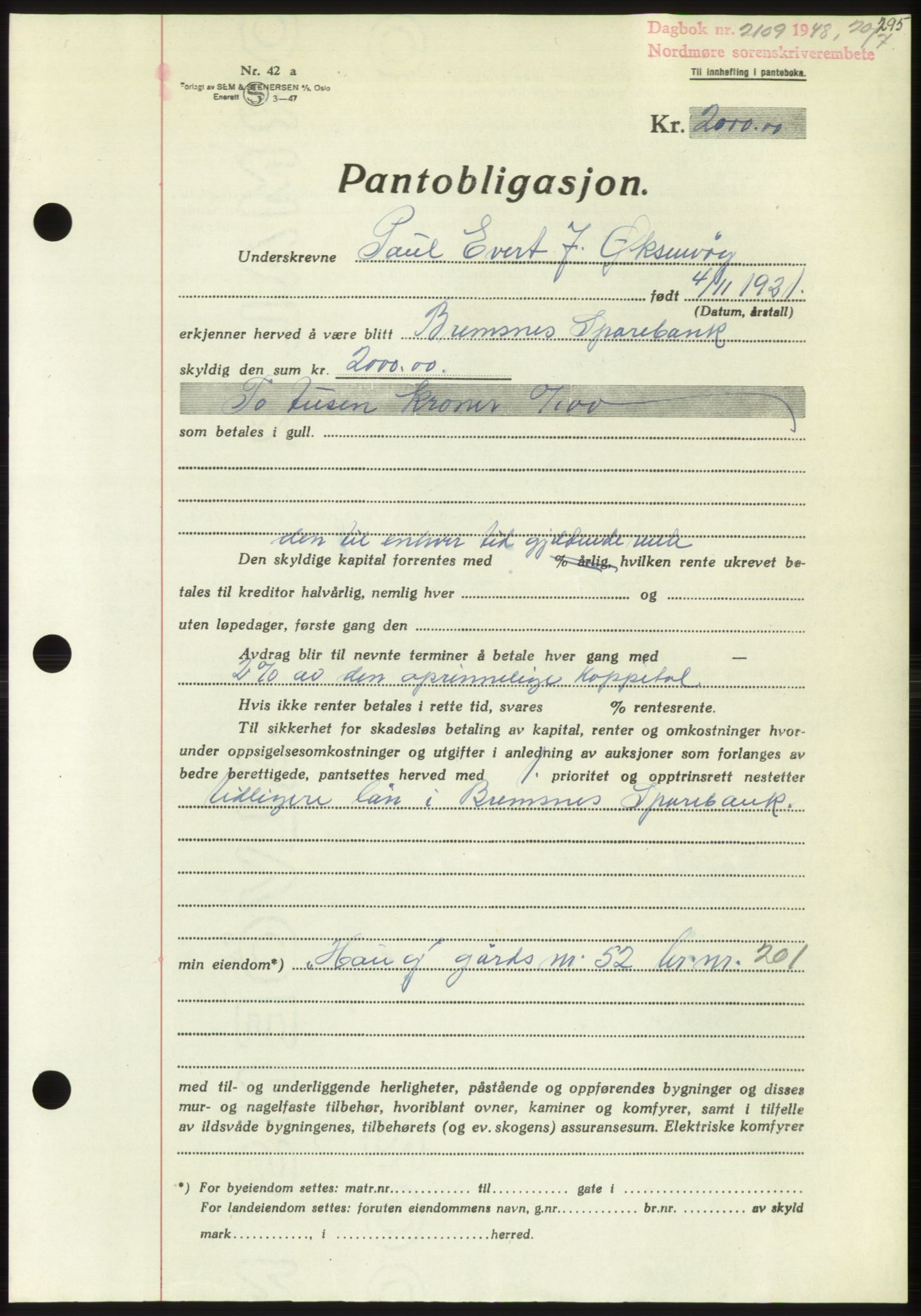 Nordmøre sorenskriveri, SAT/A-4132/1/2/2Ca: Pantebok nr. B99, 1948-1948, Dagboknr: 2109/1948