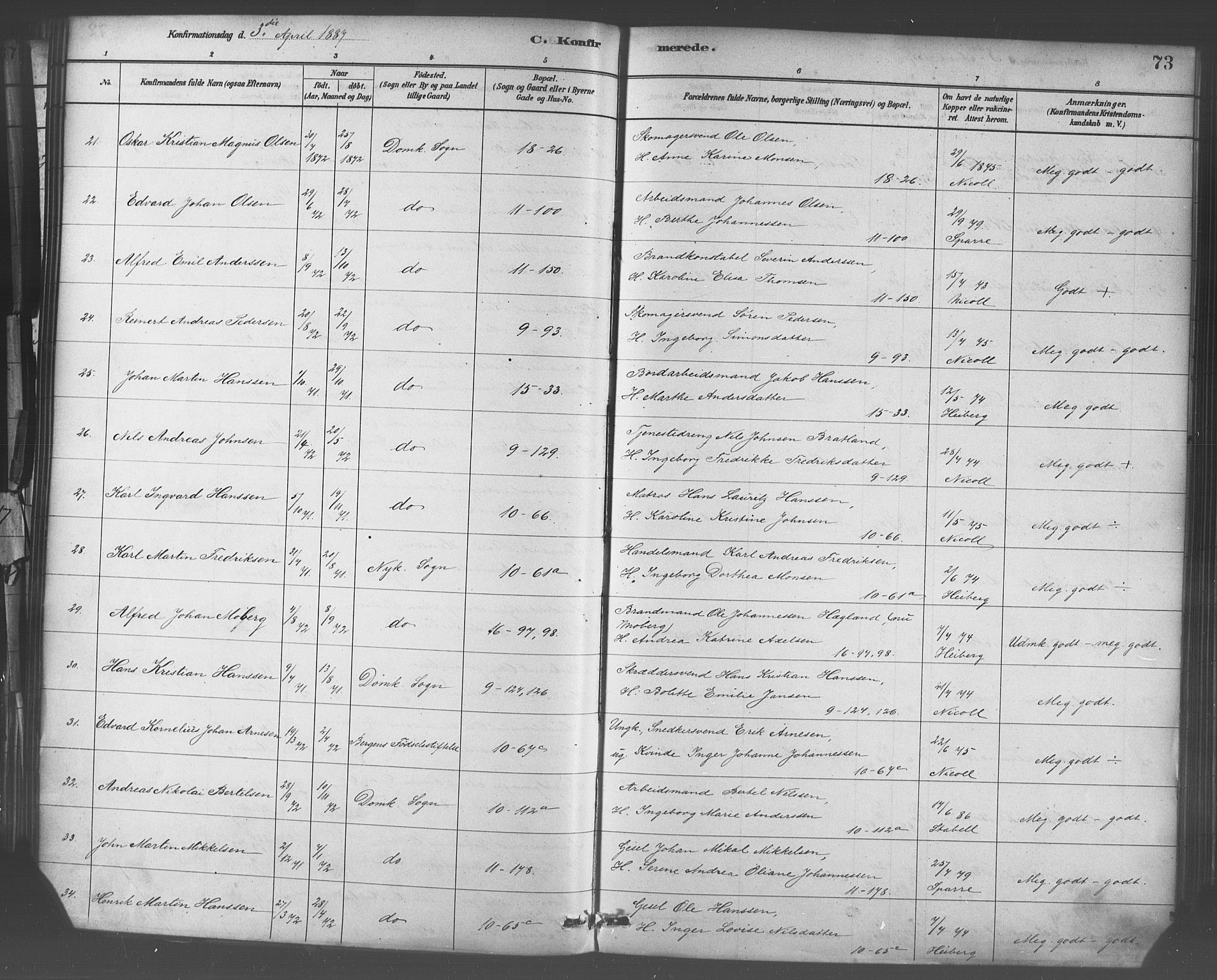 Domkirken sokneprestembete, AV/SAB-A-74801/H/Haa/L0030: Ministerialbok nr. C 5, 1880-1898, s. 73