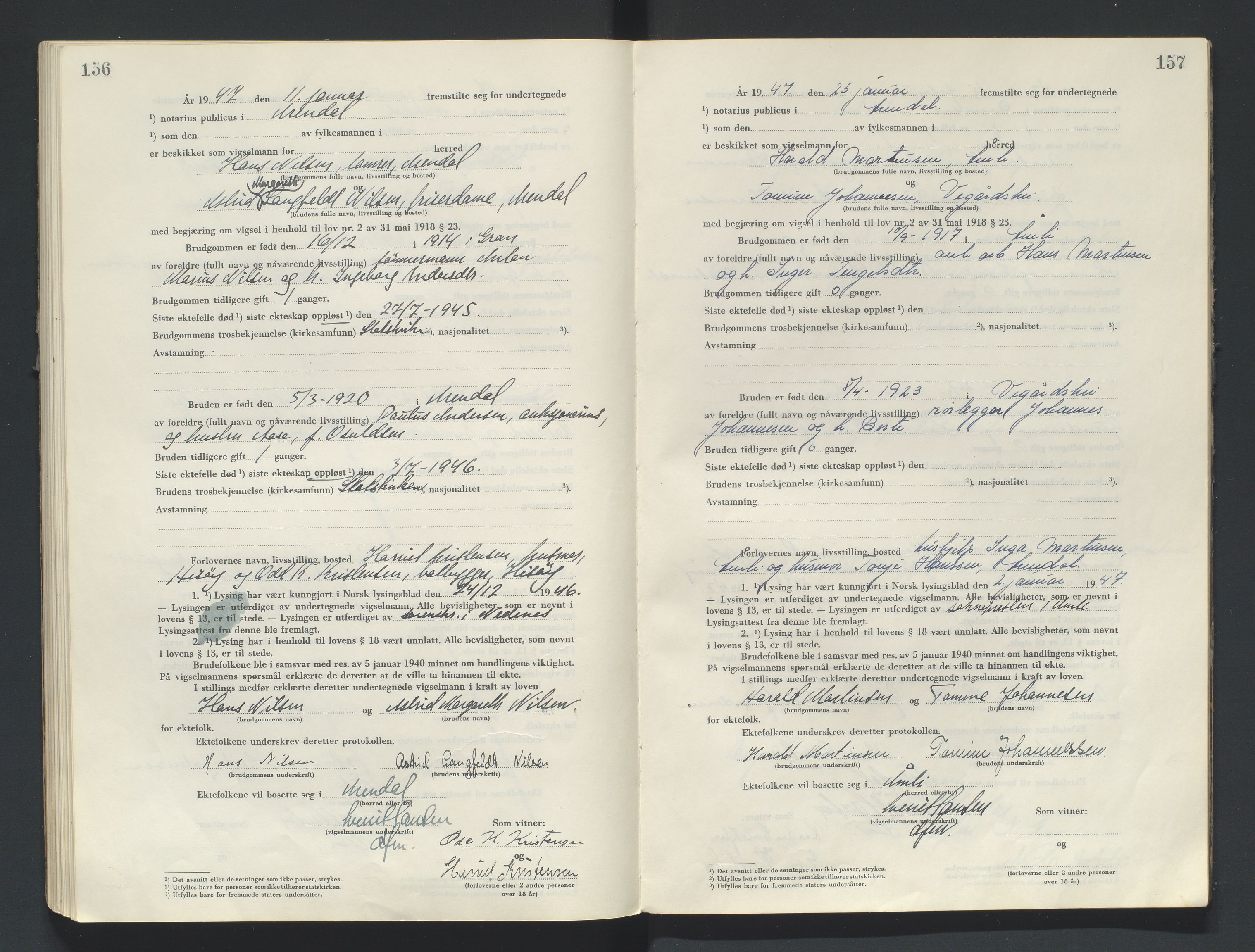 Nedenes sorenskriveri, SAK/1221-0006/L/Ld/L0002/0004: Vigselsbøker / Vigselbok, 1944-1948, s. 156-157