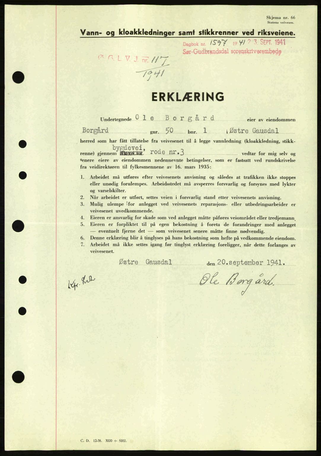 Sør-Gudbrandsdal tingrett, SAH/TING-004/H/Hb/Hbd/L0009: Pantebok nr. A9, 1941-1941, Dagboknr: 1597/1941