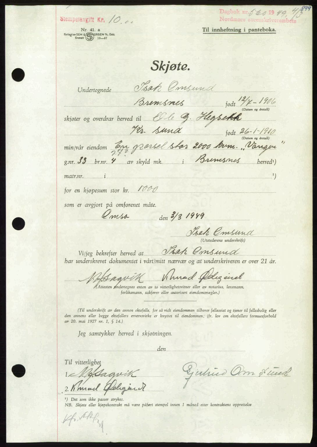 Nordmøre sorenskriveri, AV/SAT-A-4132/1/2/2Ca: Pantebok nr. A110, 1948-1949, Dagboknr: 560/1949