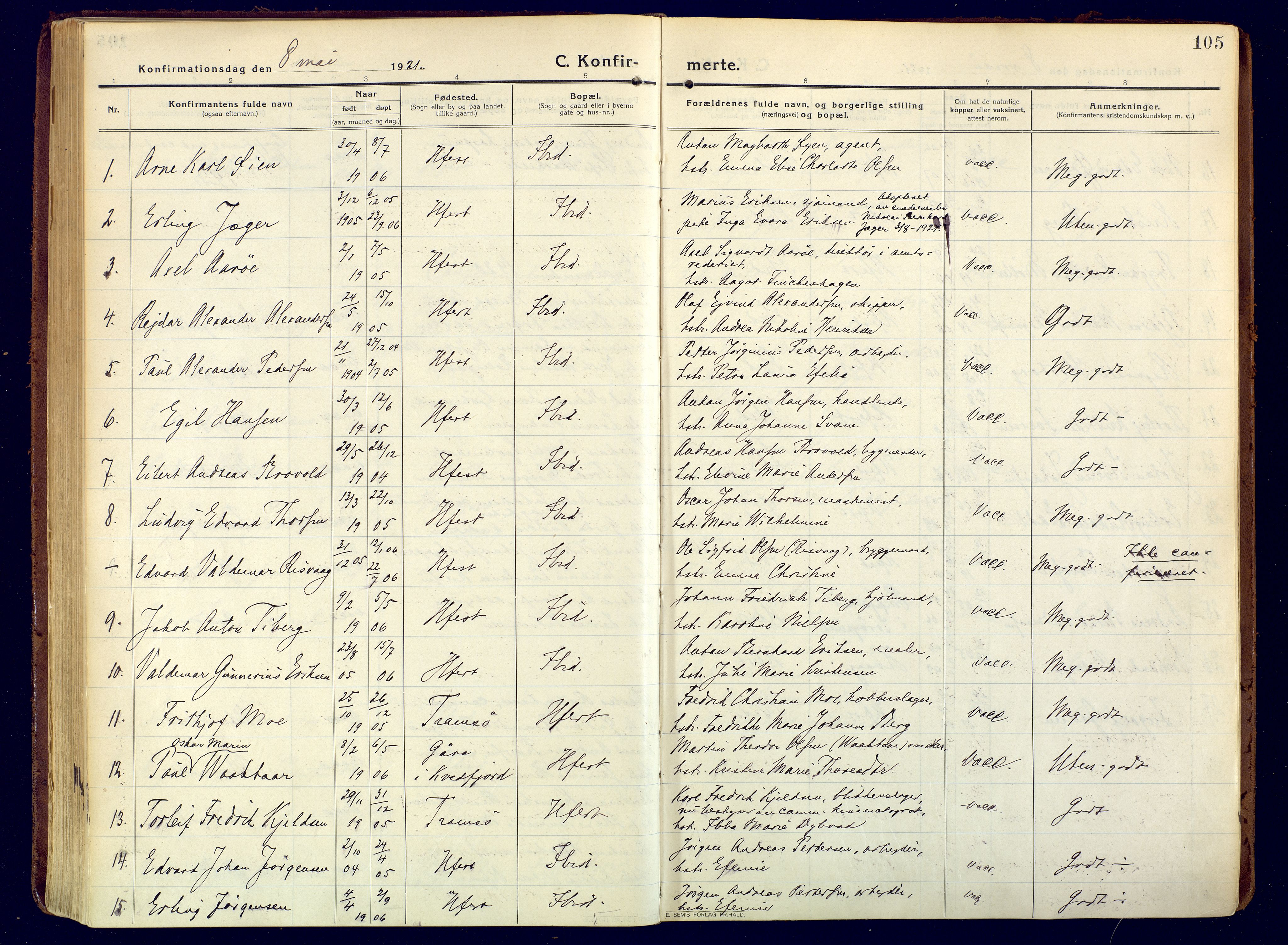 Hammerfest sokneprestkontor, SATØ/S-1347/H/Ha/L0015.kirke: Ministerialbok nr. 15, 1916-1923, s. 105