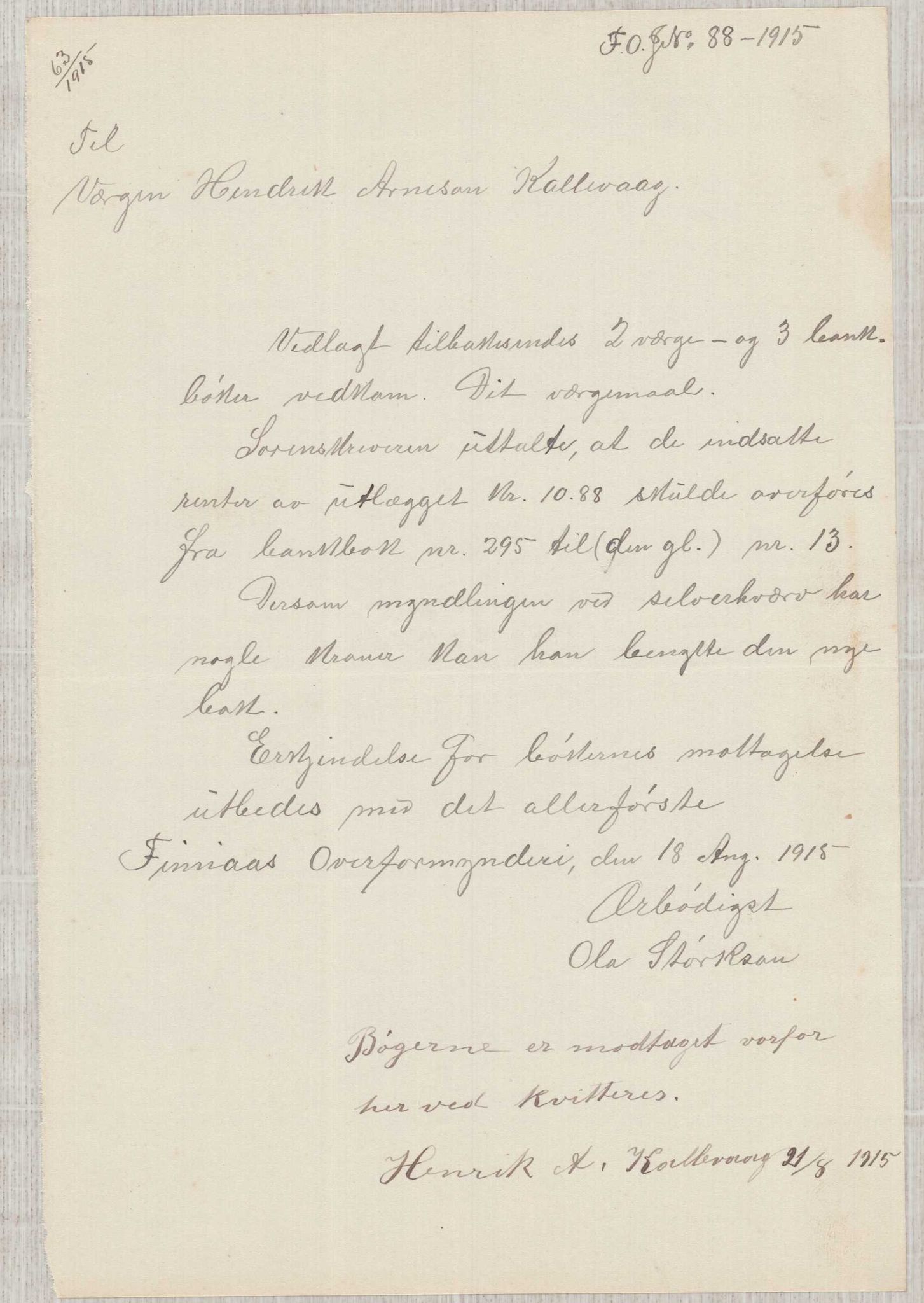 Finnaas kommune. Overformynderiet, IKAH/1218a-812/D/Da/Daa/L0003/0001: Kronologisk ordna korrespondanse / Kronologisk ordna korrespondanse, 1914-1916, s. 67