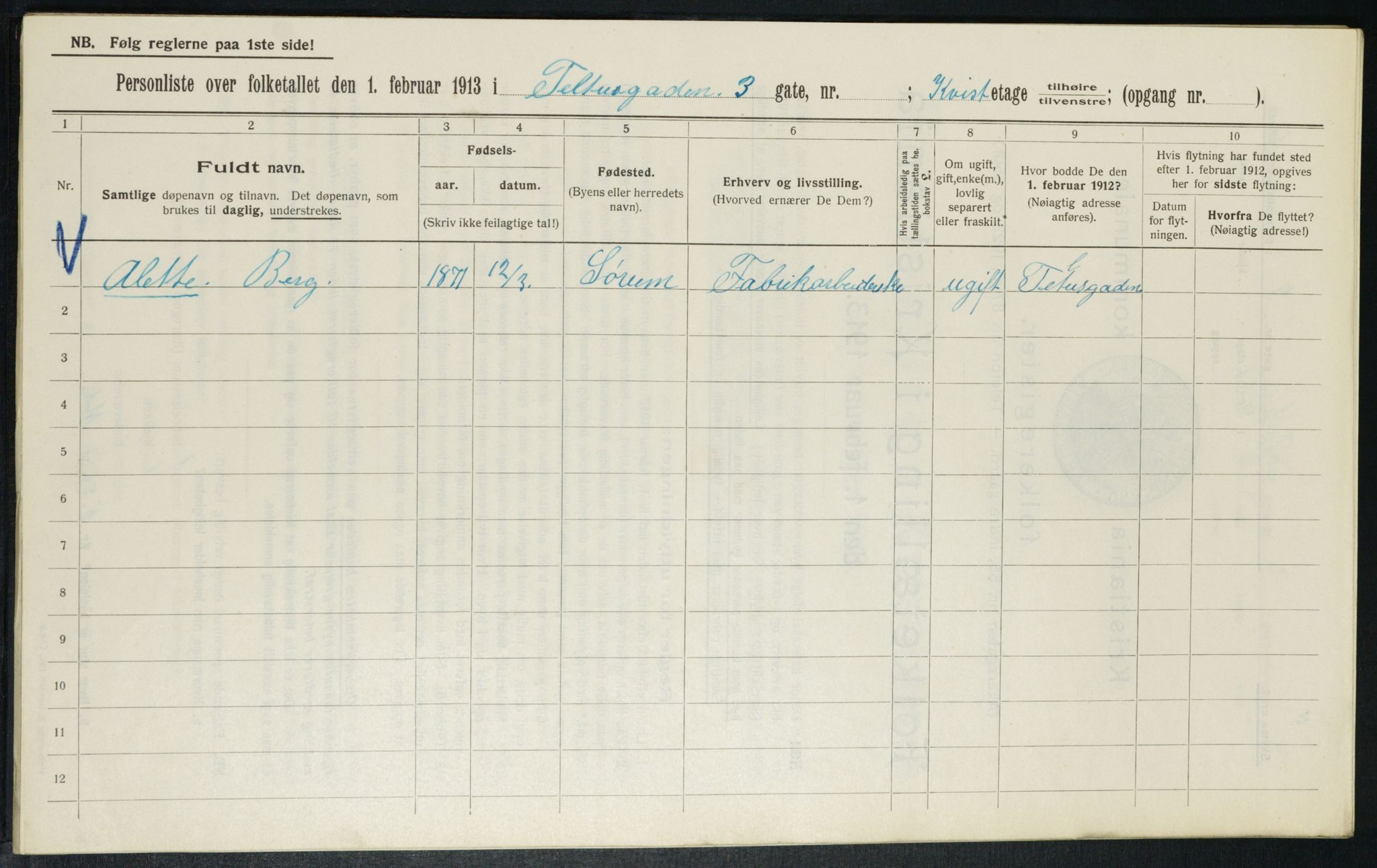 OBA, Kommunal folketelling 1.2.1913 for Kristiania, 1913, s. 107588