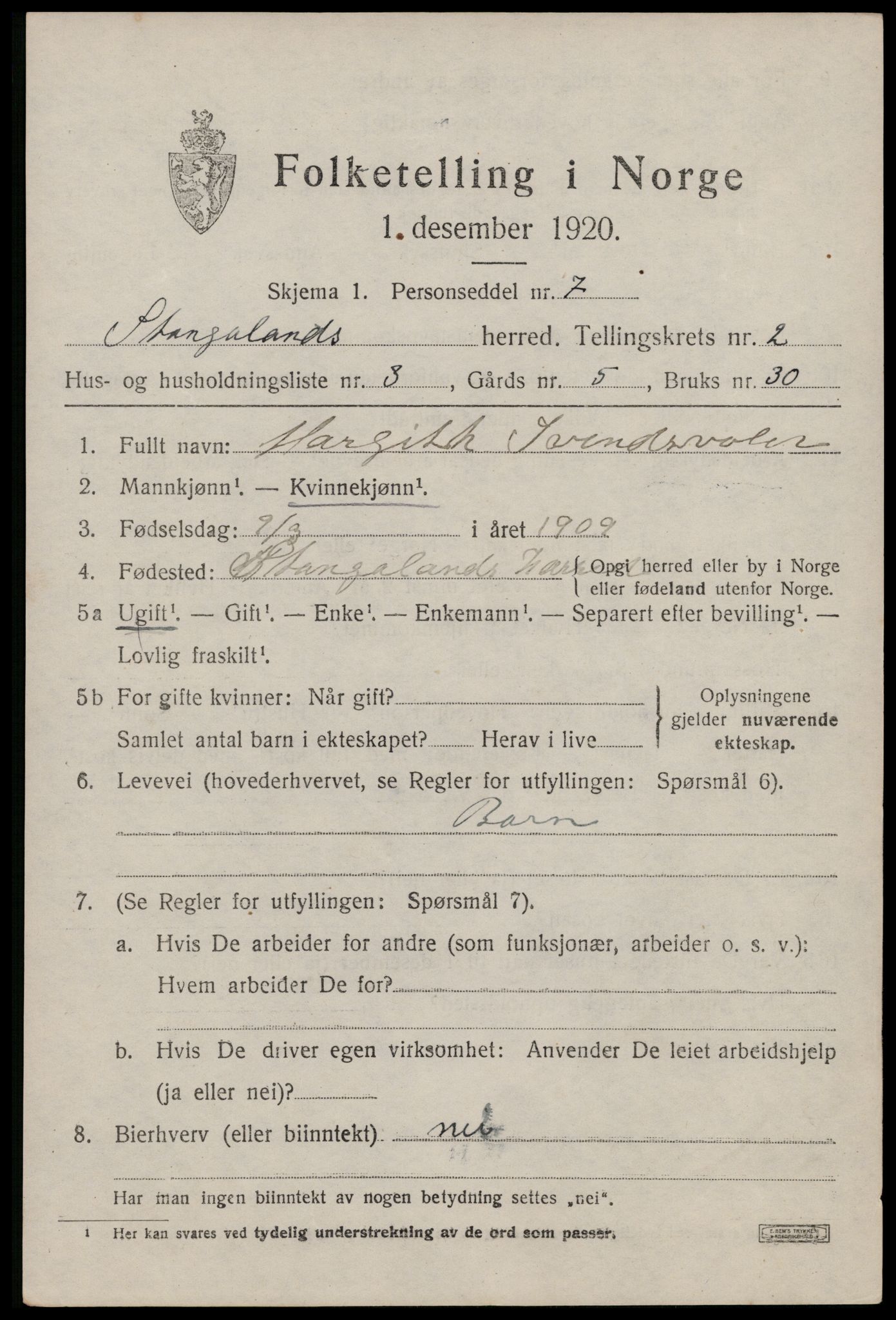 SAST, Folketelling 1920 for 1148 Stangaland herred, 1920, s. 1235
