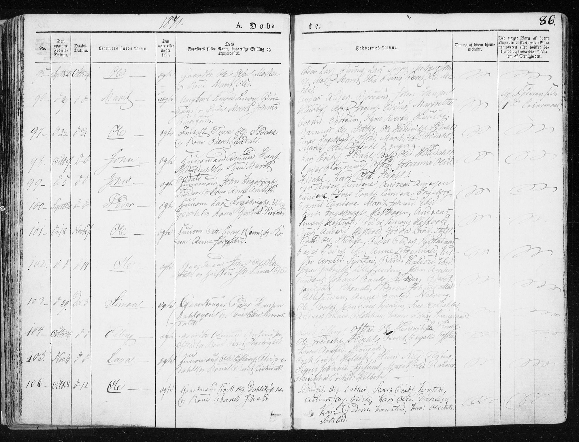 Ministerialprotokoller, klokkerbøker og fødselsregistre - Sør-Trøndelag, SAT/A-1456/665/L0771: Ministerialbok nr. 665A06, 1830-1856, s. 86