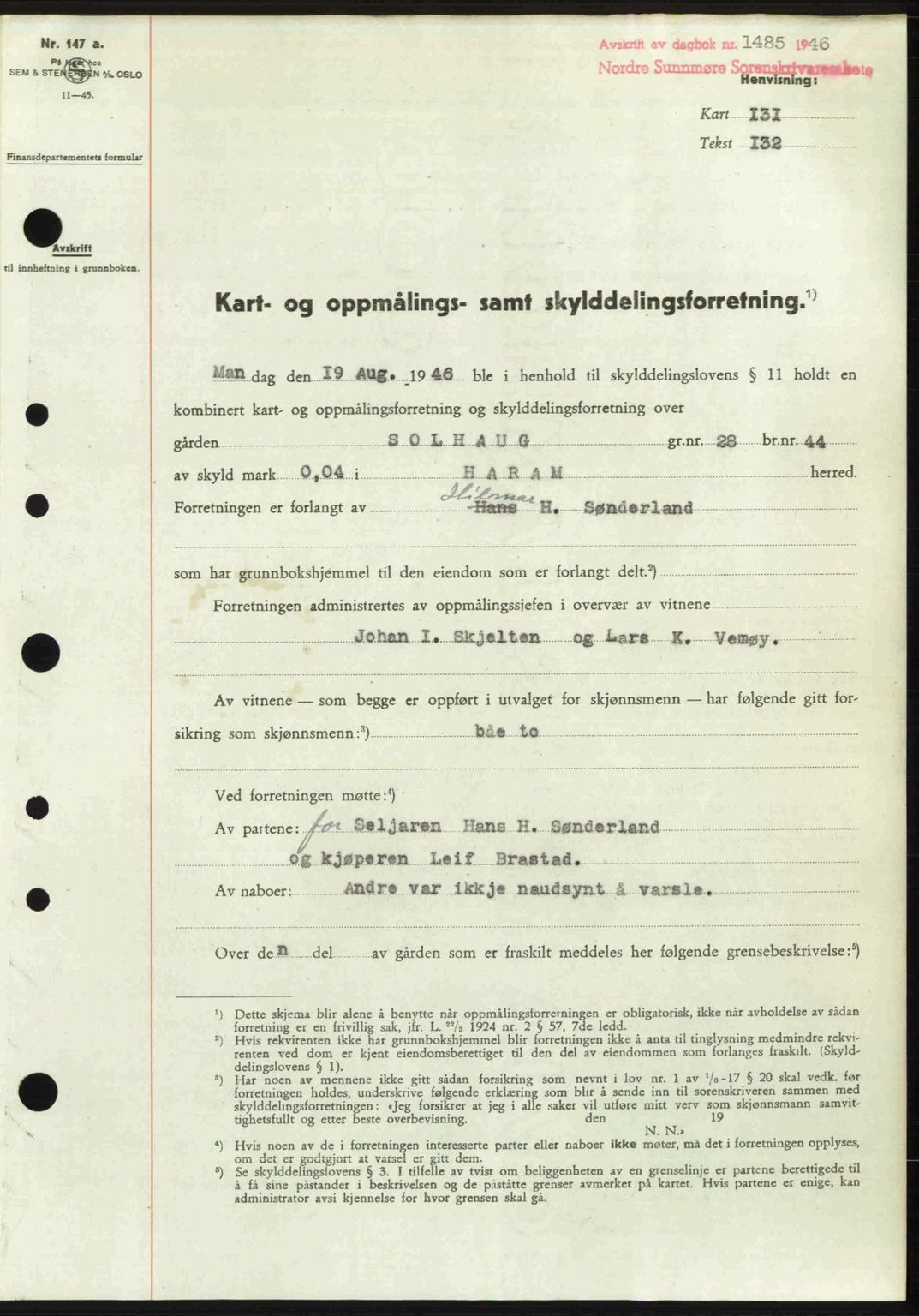 Nordre Sunnmøre sorenskriveri, SAT/A-0006/1/2/2C/2Ca: Pantebok nr. A22, 1946-1946, Dagboknr: 1485/1946