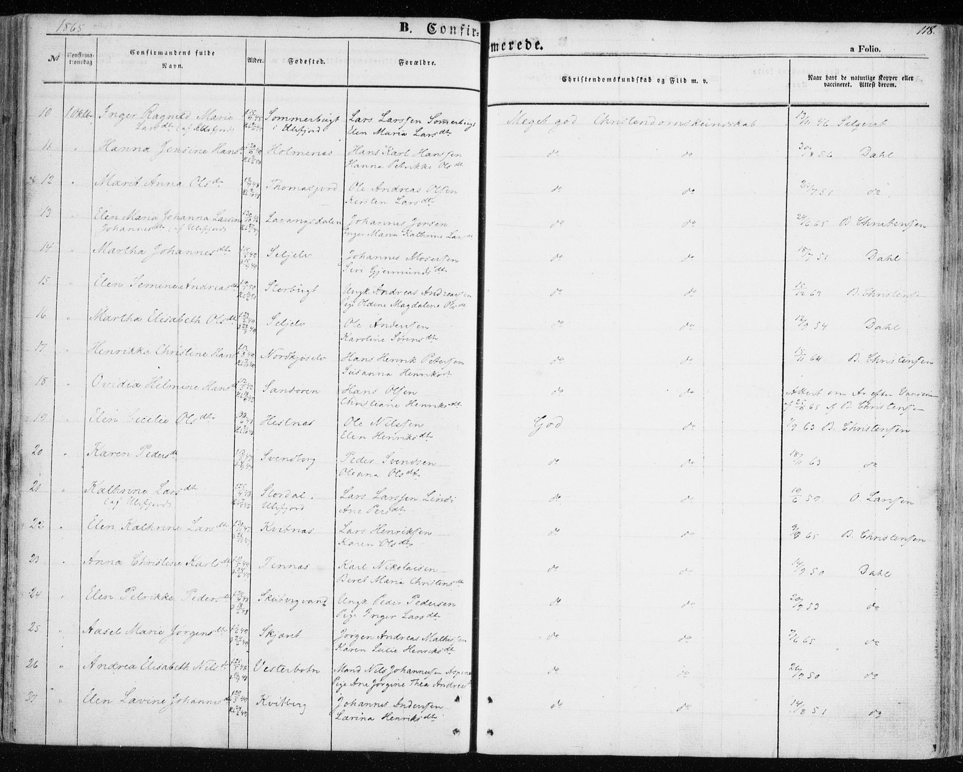 Balsfjord sokneprestembete, AV/SATØ-S-1303/G/Gaa/L0003kirke: Ministerialbok nr. 3, 1856-1870, s. 118