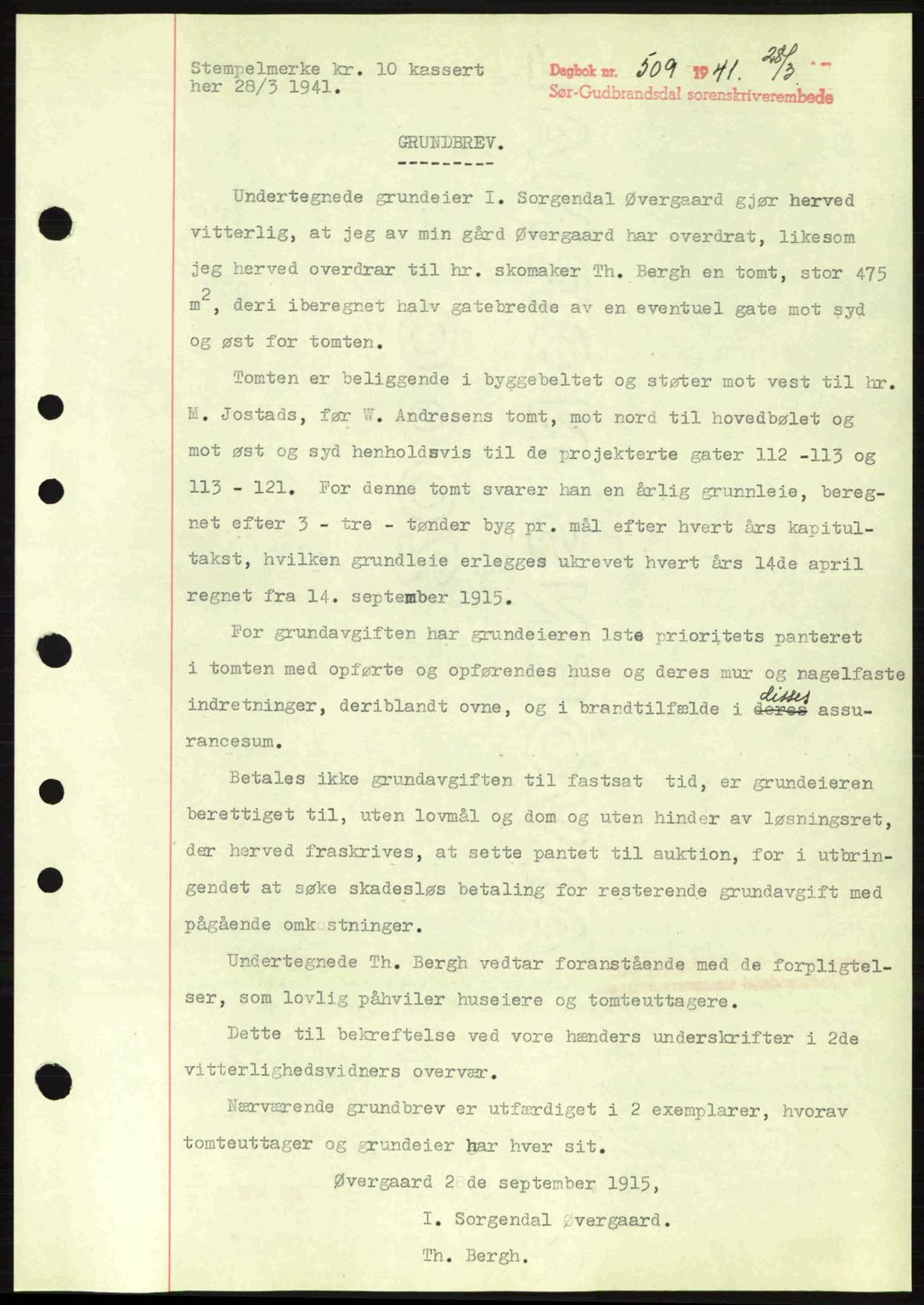 Sør-Gudbrandsdal tingrett, SAH/TING-004/H/Hb/Hbd/L0008: Pantebok nr. A8, 1940-1941, Dagboknr: 509/1941