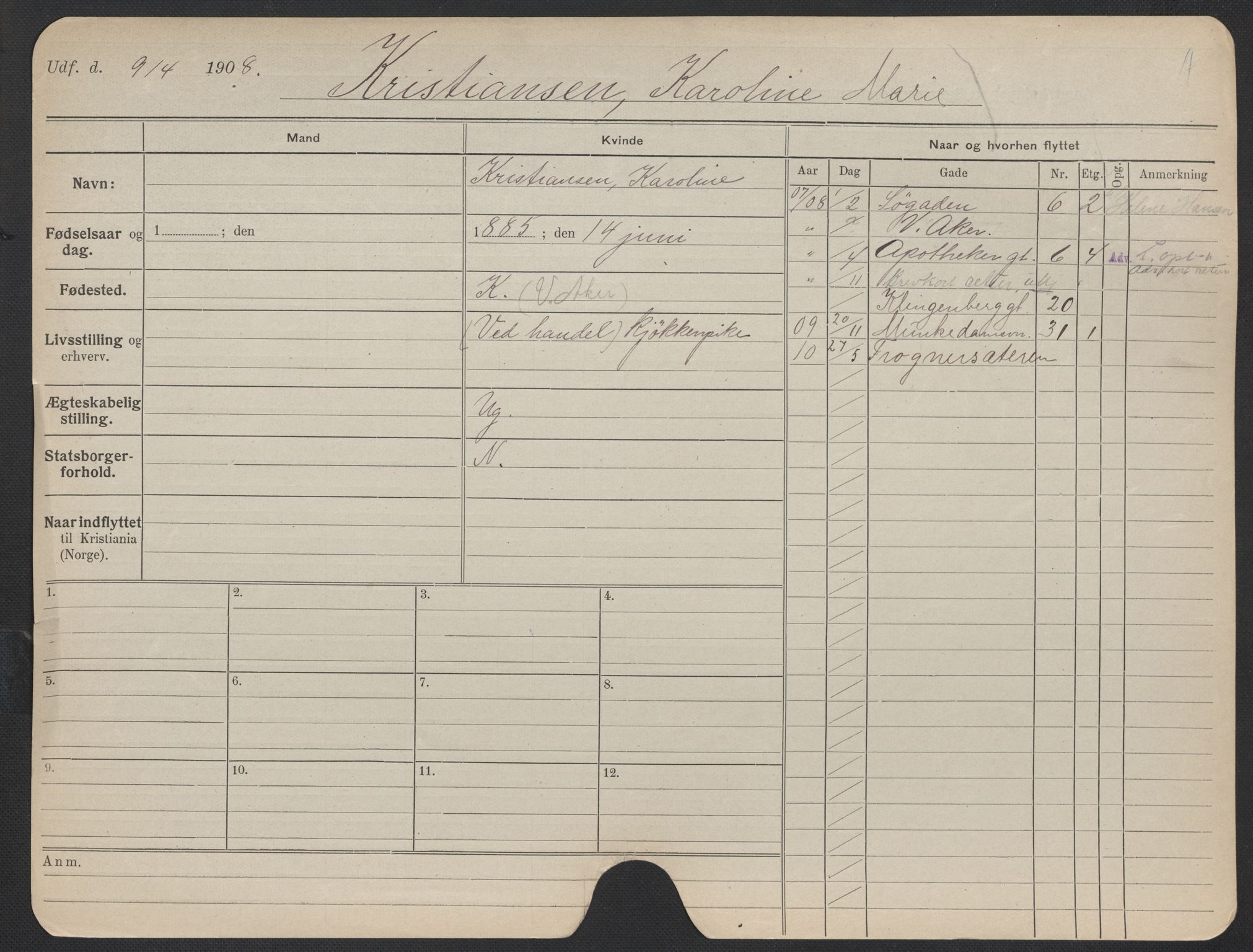 Oslo folkeregister, Registerkort, AV/SAO-A-11715/F/Fa/Fac/L0019: Kvinner, 1906-1914, s. 354a