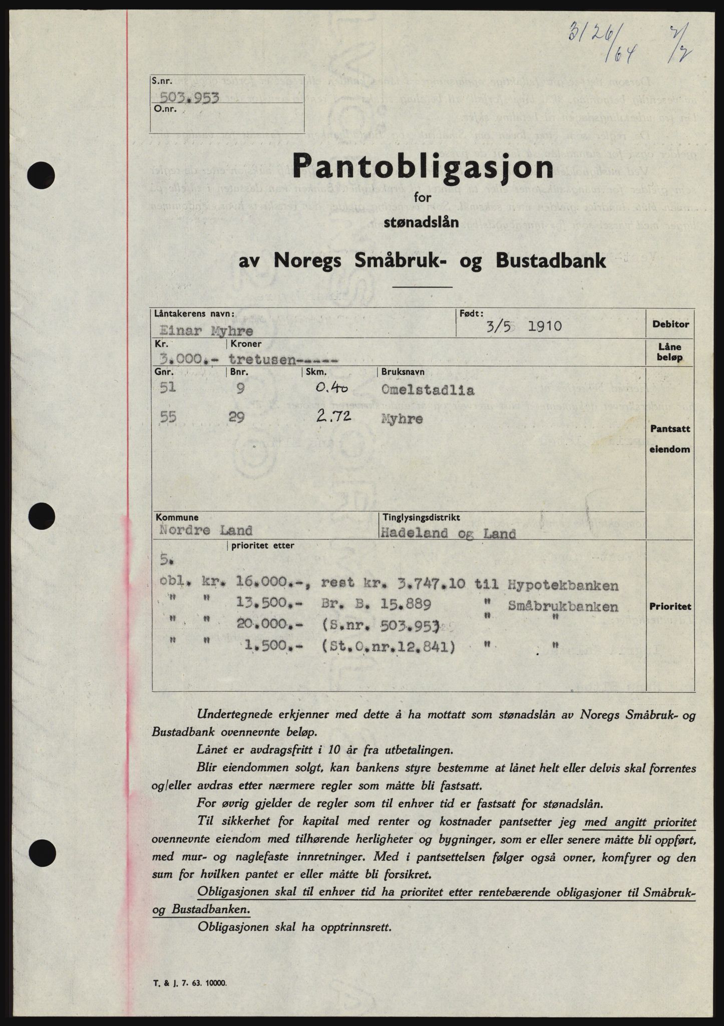 Hadeland og Land tingrett, SAH/TING-010/H/Hb/Hbc/L0055: Pantebok nr. B55, 1964-1964, Dagboknr: 3126/1964
