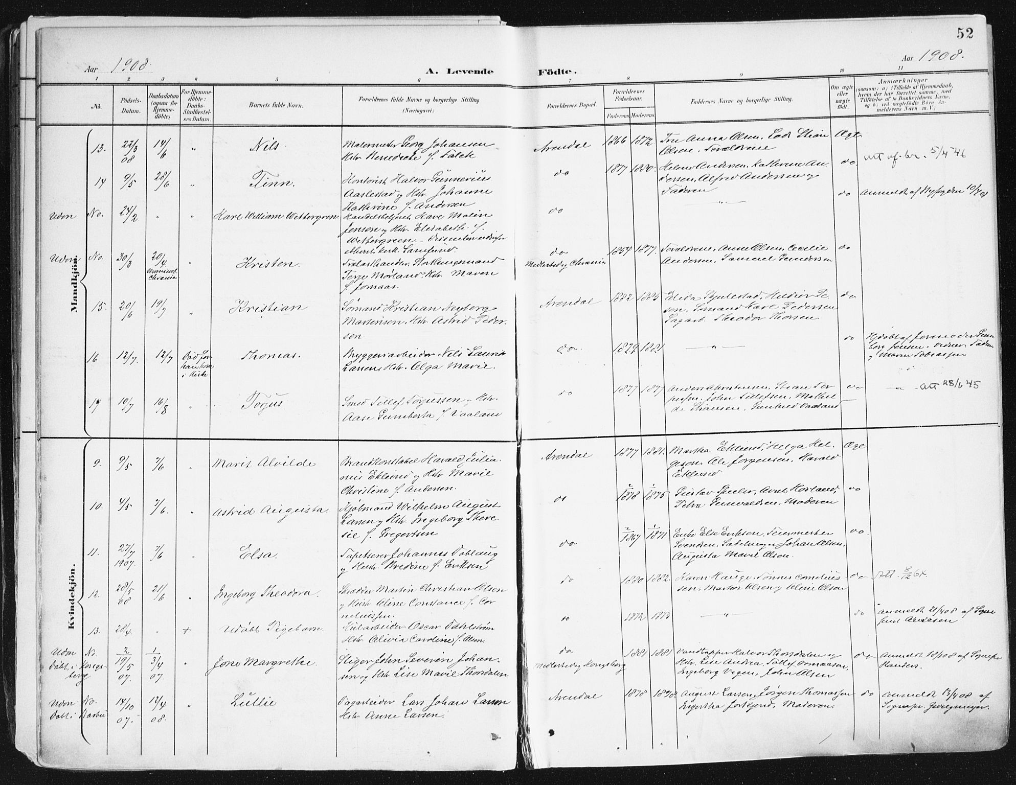 Arendal sokneprestkontor, Trefoldighet, AV/SAK-1111-0040/F/Fa/L0010: Ministerialbok nr. A 10, 1900-1919, s. 52