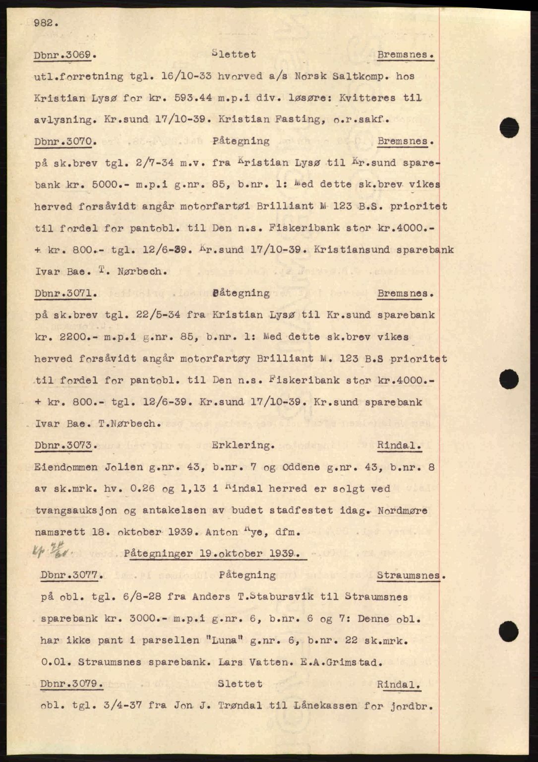 Nordmøre sorenskriveri, SAT/A-4132/1/2/2Ca: Pantebok nr. C80, 1936-1939, Dagboknr: 3069/1939
