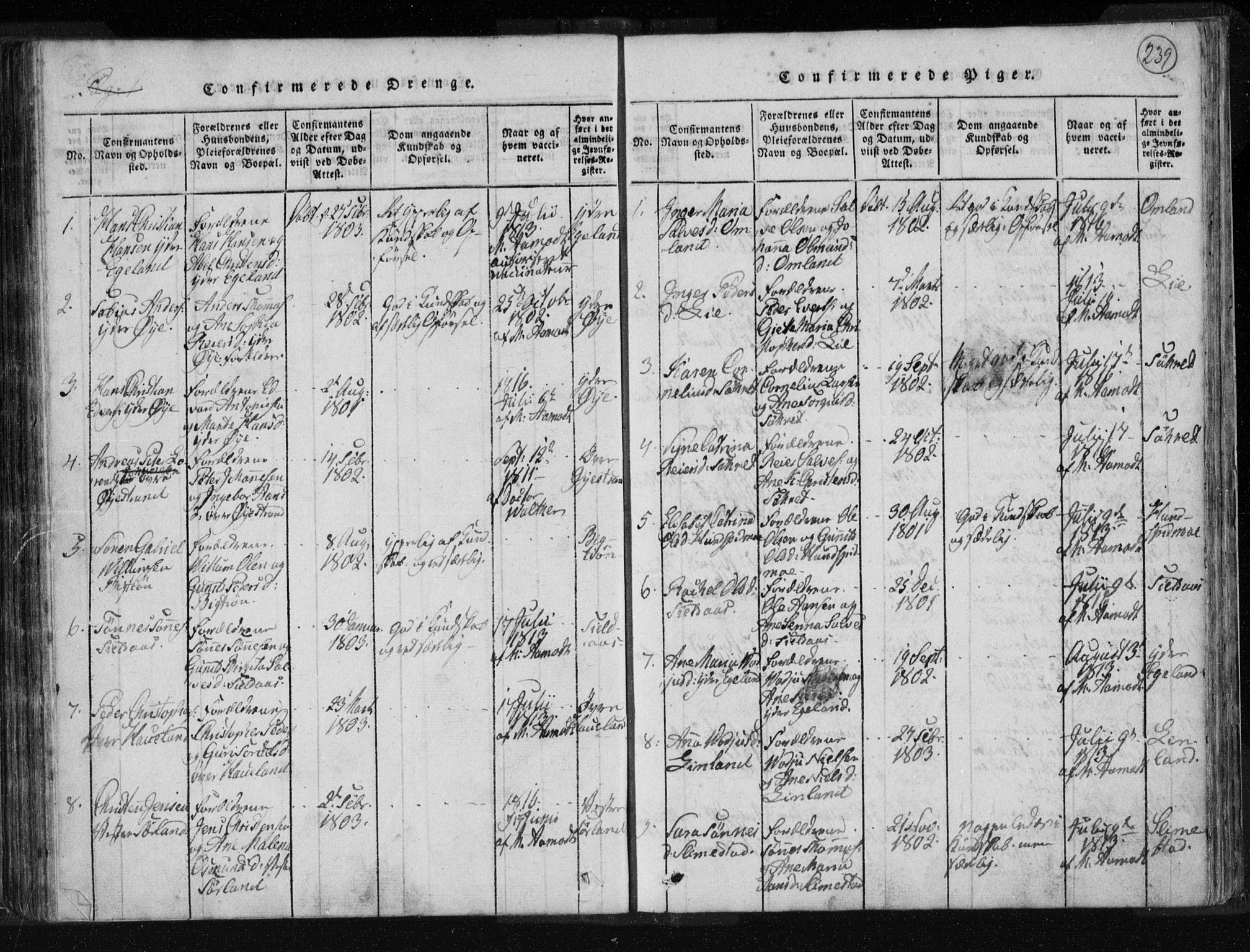 Kvinesdal sokneprestkontor, SAK/1111-0026/F/Fa/Fab/L0003: Ministerialbok nr. A 3, 1815-1829, s. 239