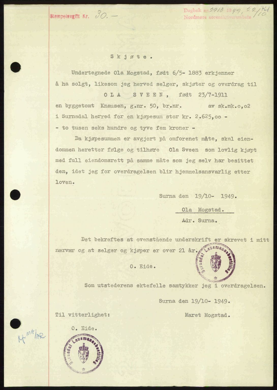 Nordmøre sorenskriveri, SAT/A-4132/1/2/2Ca: Pantebok nr. A112, 1949-1949, Dagboknr: 2913/1949