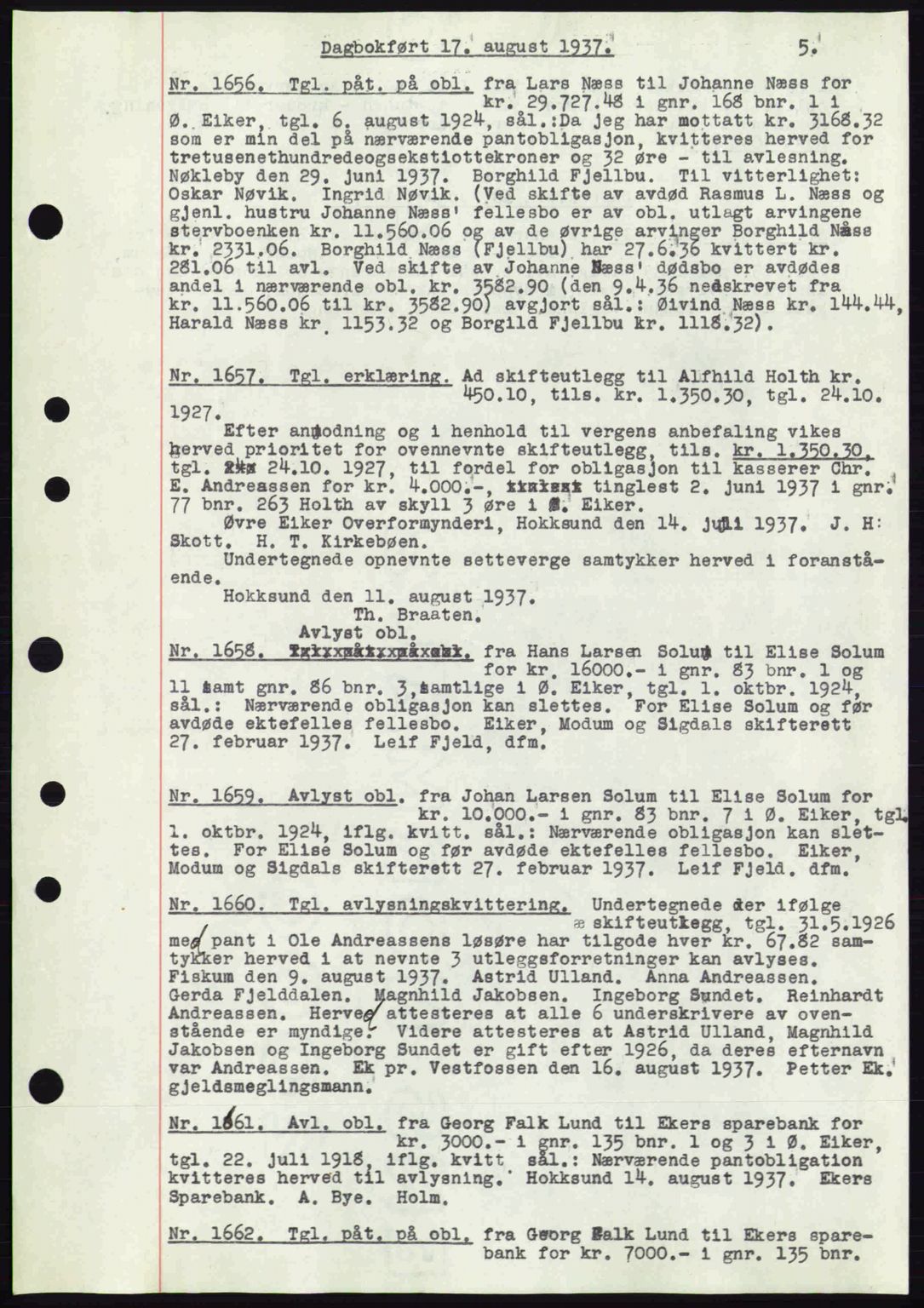 Eiker, Modum og Sigdal sorenskriveri, SAKO/A-123/G/Ga/Gab/L0036: Pantebok nr. A6, 1937-1937, Dagboknr: 1656/1937