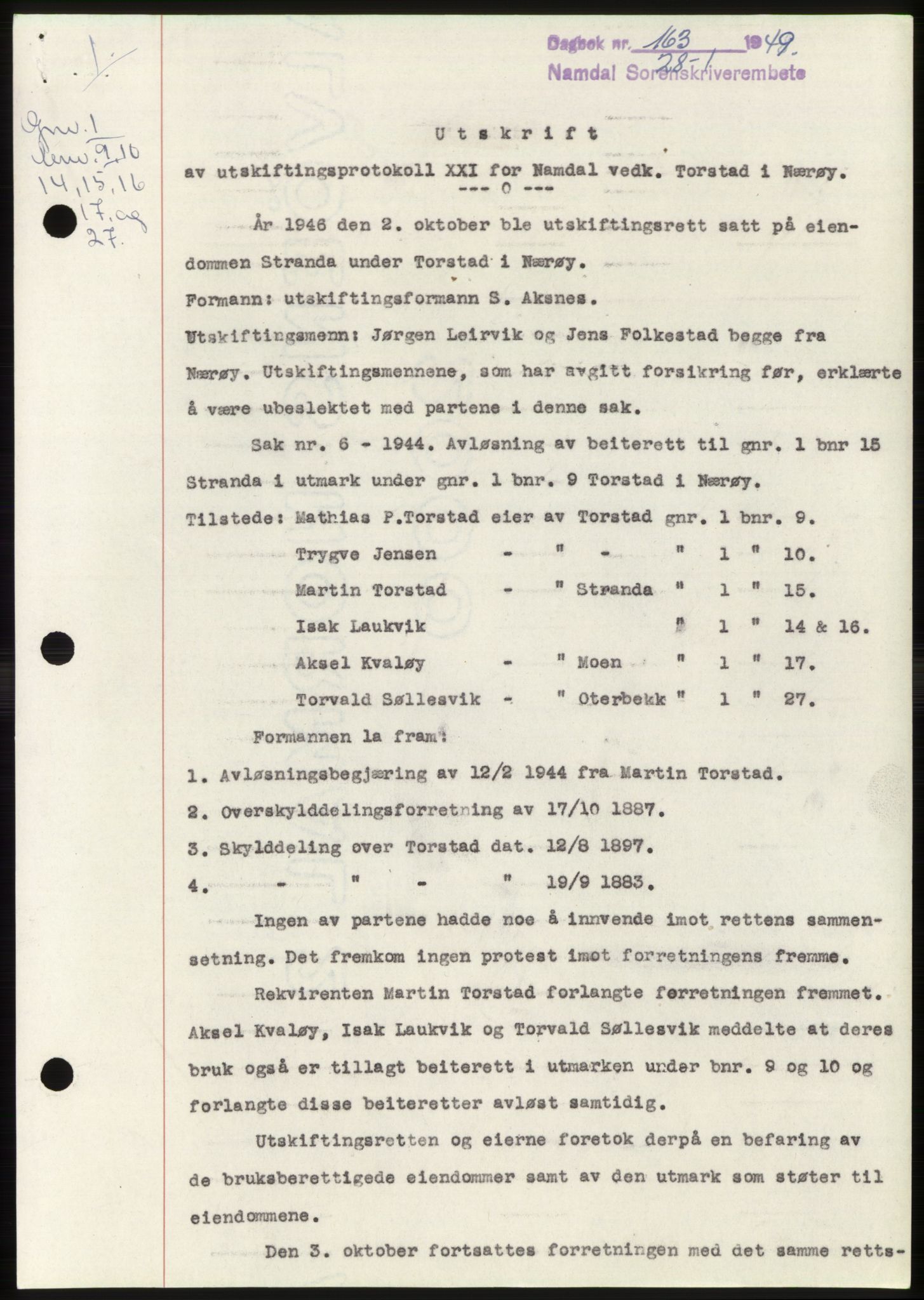 Namdal sorenskriveri, SAT/A-4133/1/2/2C: Pantebok nr. -, 1949-1949, Dagboknr: 163/1949