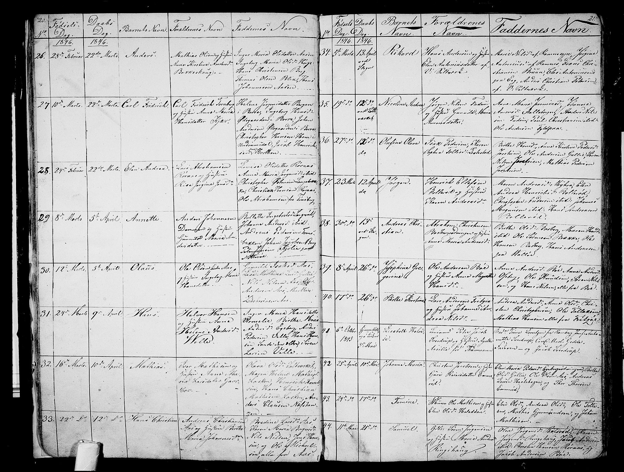 Sem kirkebøker, AV/SAKO-A-5/G/Ga/L0003: Klokkerbok nr. I 3, 1844-1855, s. 20-21